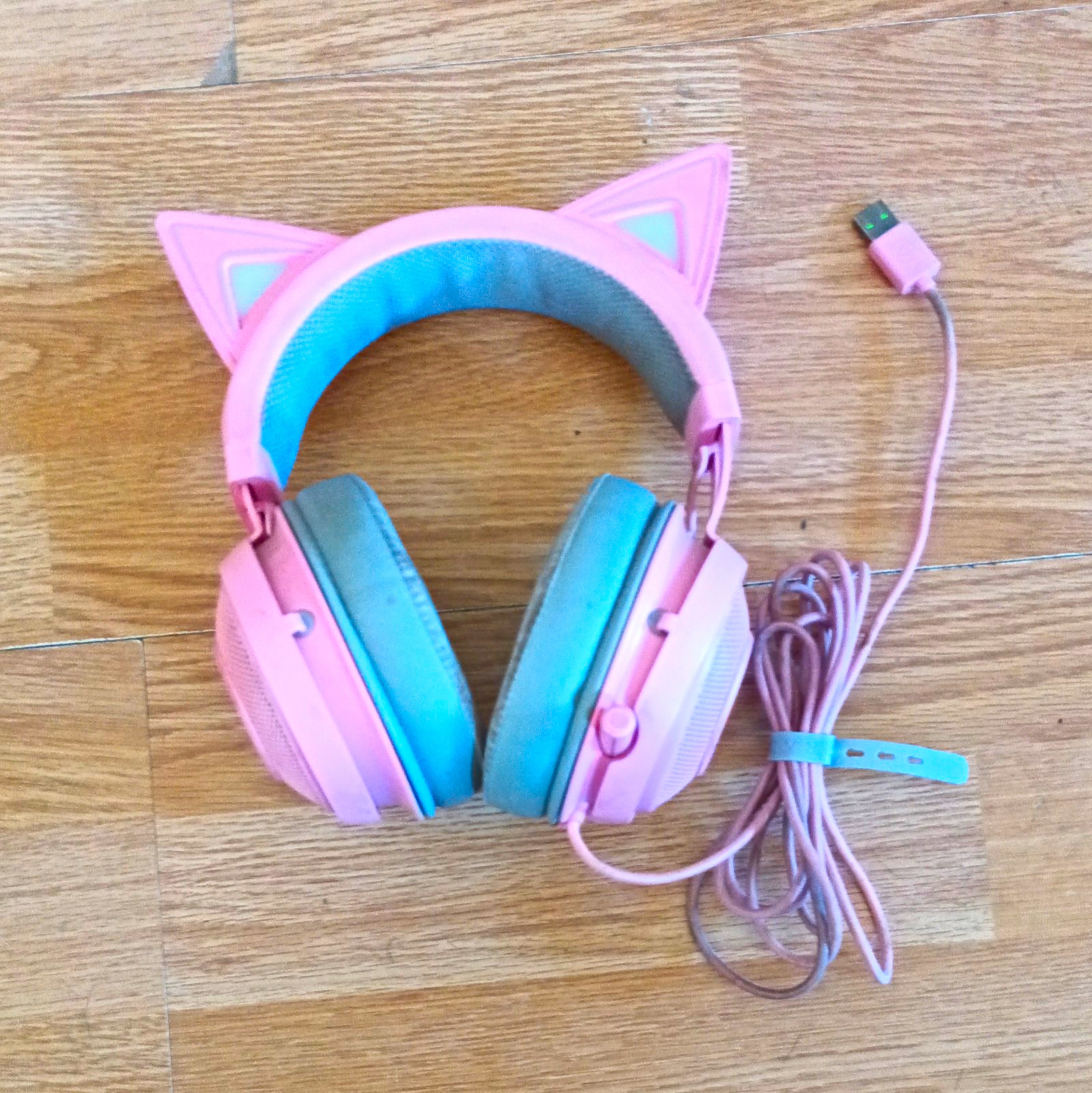 RZR Pink/Gray Cat Ear USB Wired Over-Ear Headband Computer Headset w/ Mic