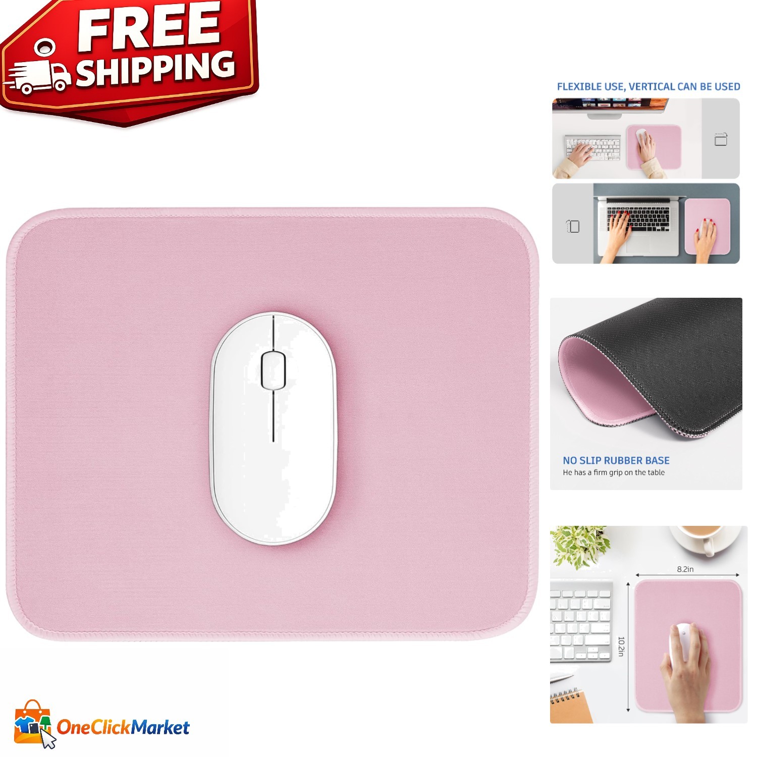 Cute Stitched Edge Pink Mouse Pad - Smooth, Waterproof & Non-Slip 10.2 x 8.2in