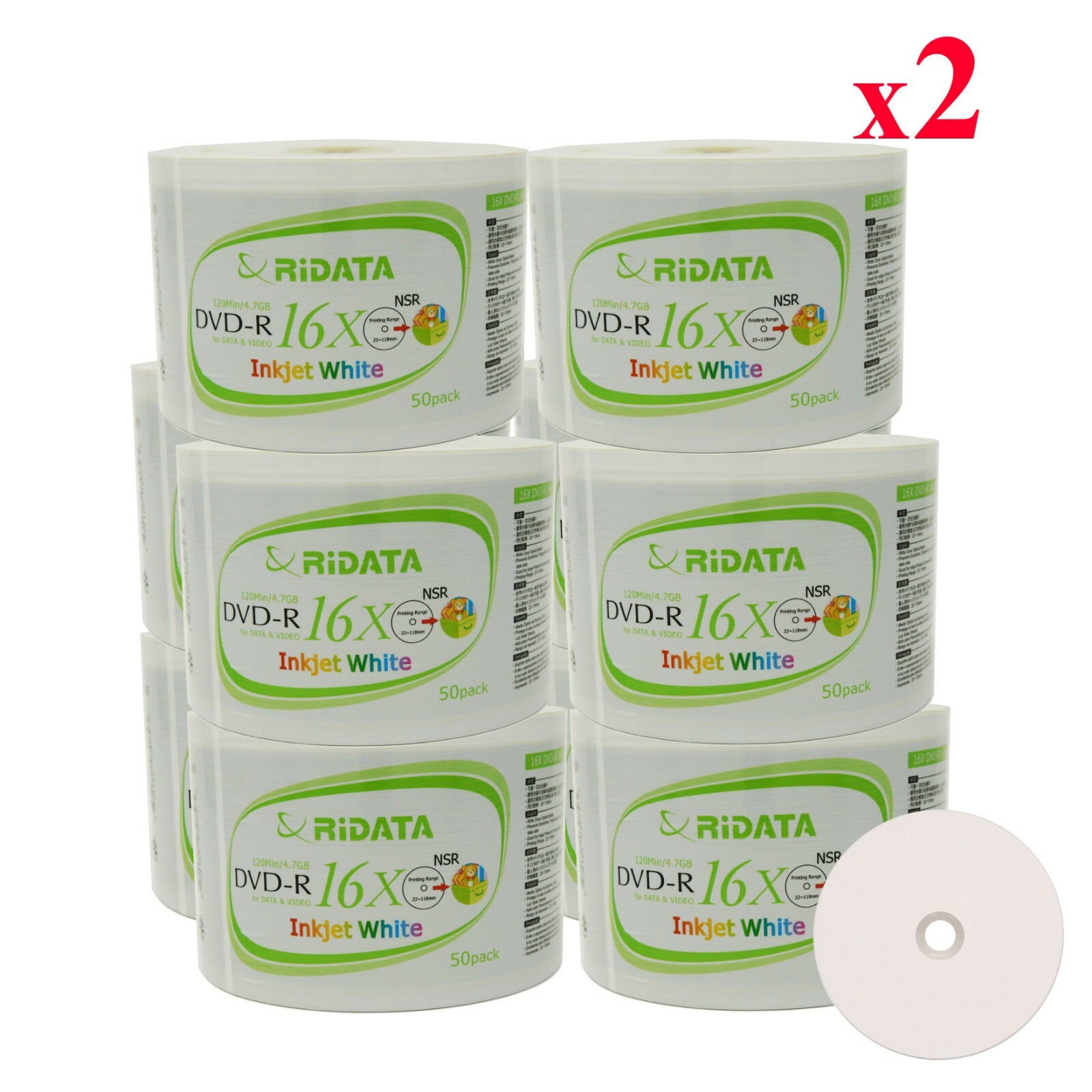 1000 Pcs Ridata DVD-R 16X 4.7GB White Inkjet Hub Printable Blank Recordable Disc