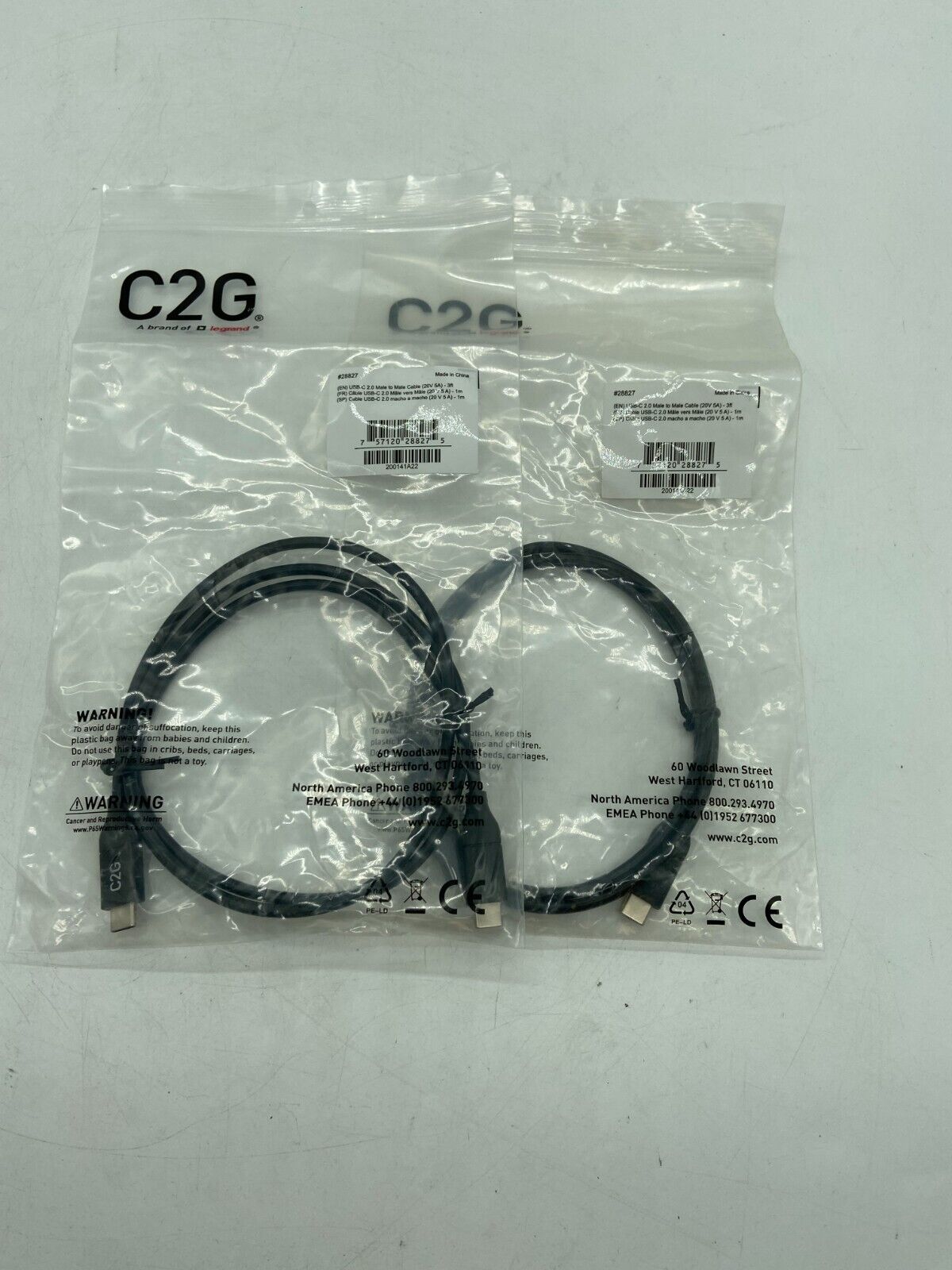 Lot of 2 New C2G USB-C 2.0 20V Male to Male Cable, 3.3 feet ( 1 meter ) Free S/H