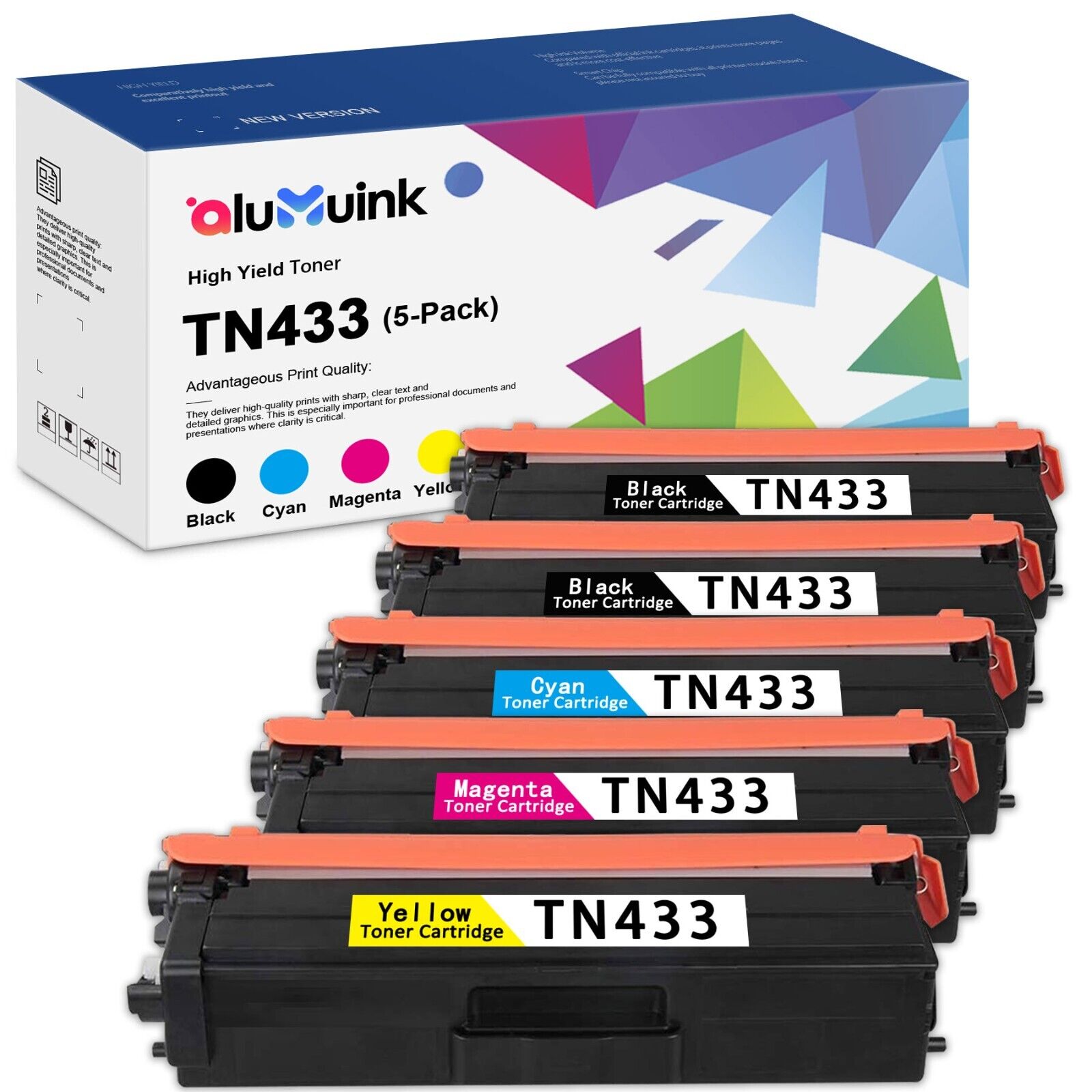 High Yield TN433 Toner Replacement for Brother HL-L8360CDW (5PK,2BK/1C/1M/1Y)