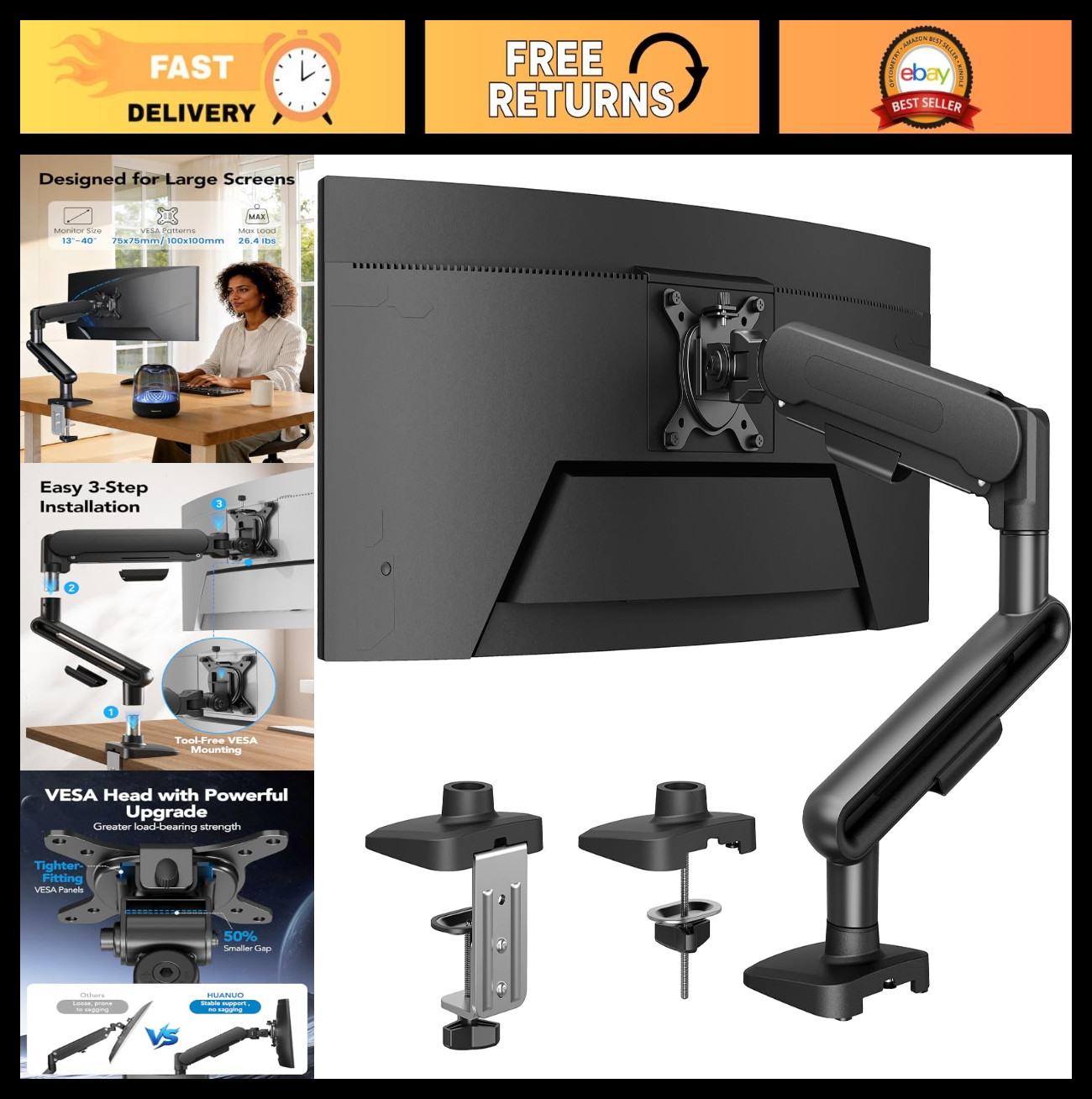 Adjustable Ultrawide Monitor Arm for 13-40" Screens, VESA Mount, C-Clamp & Gromm