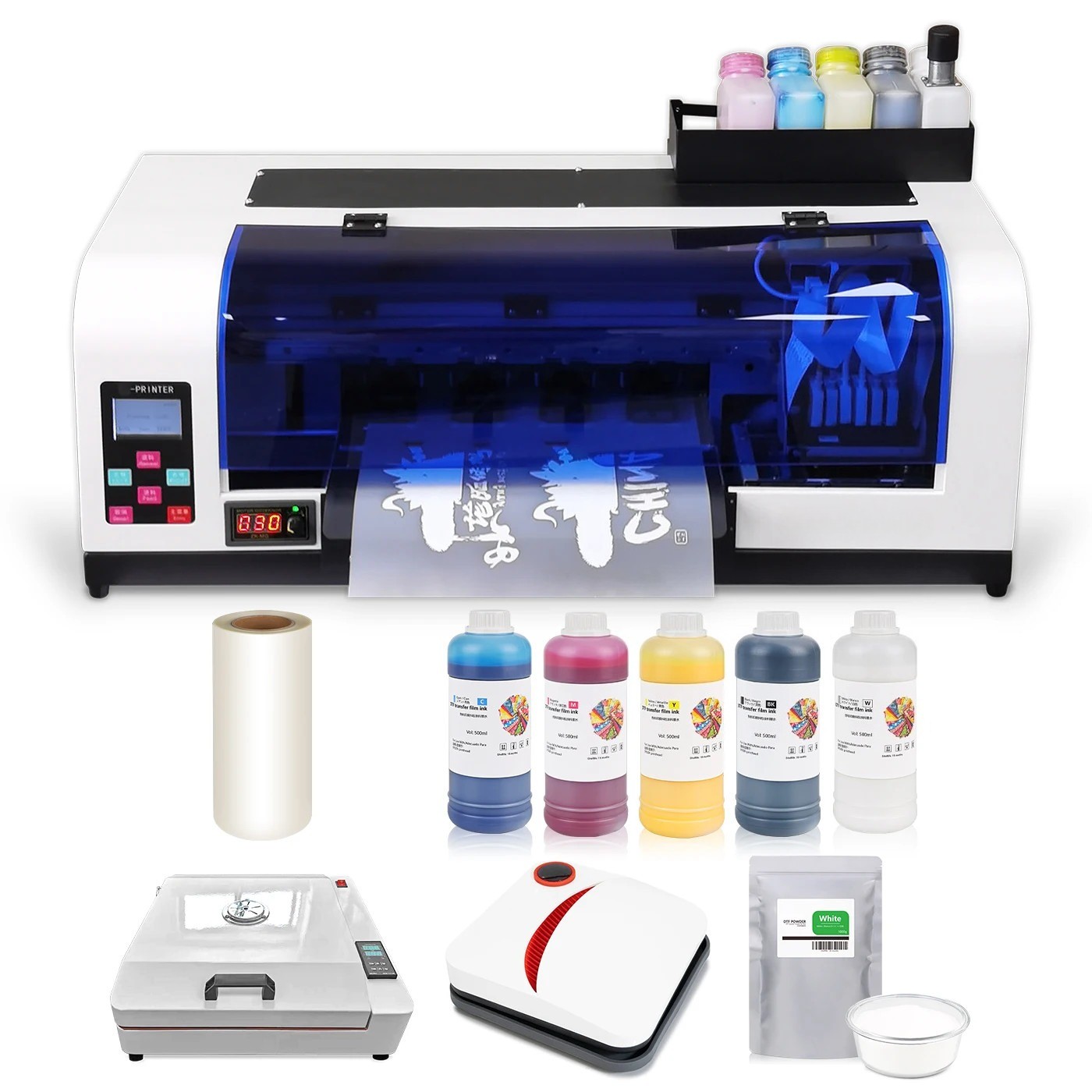 A3+ XP600 DTF printer with curing oven and hot press, used for T-shirt printing