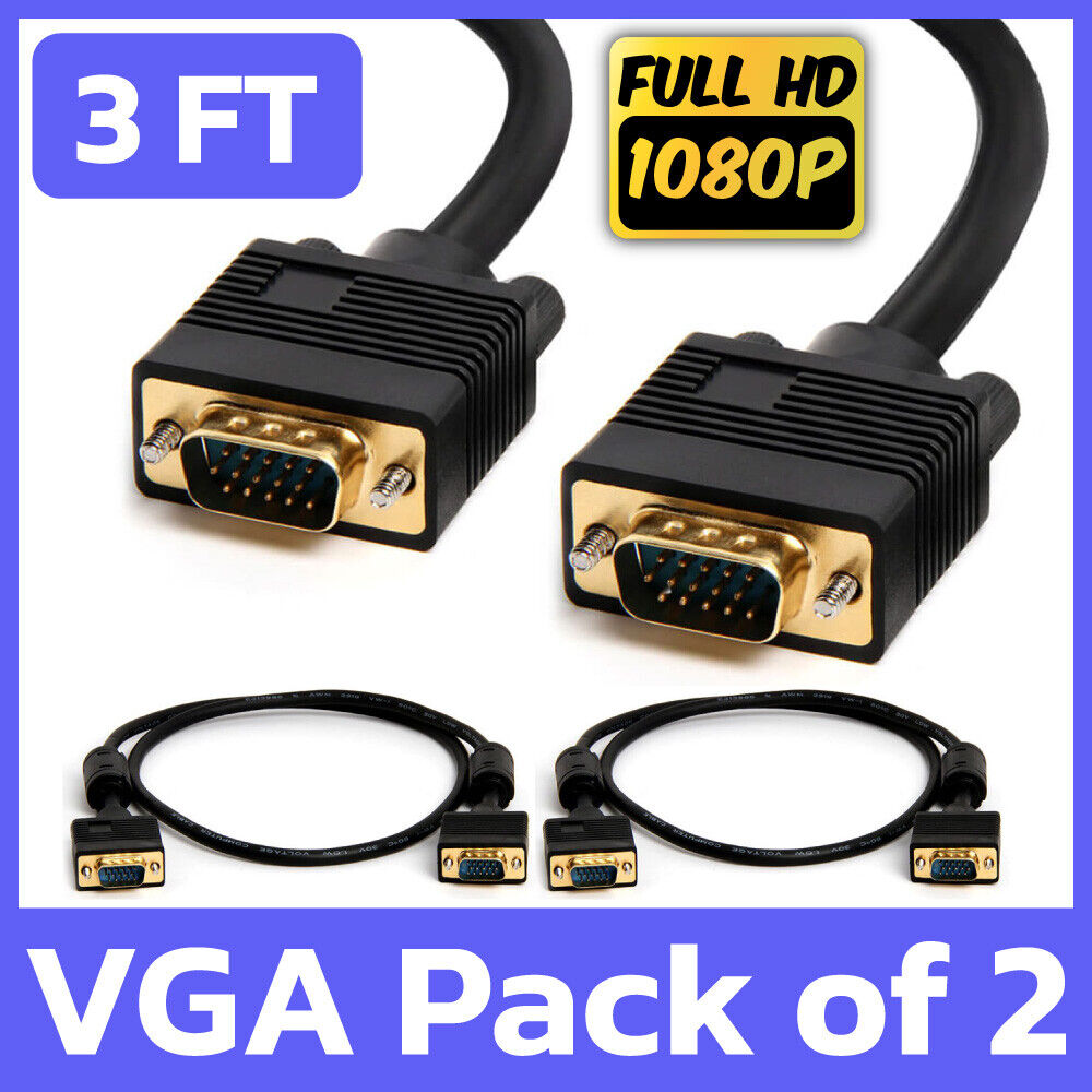 2 Pack 3 FT VGA Cable D-Sub 15-Pin Male to Male Cord for PC Monitor Projector