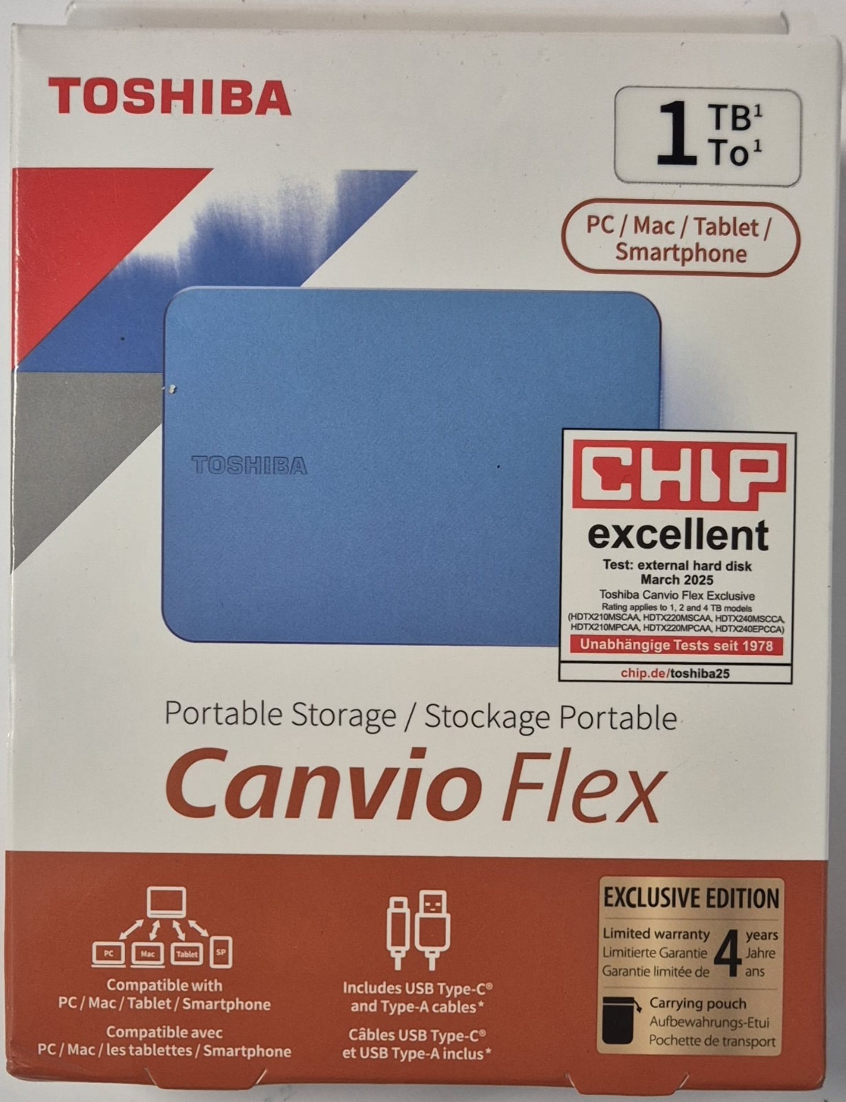 Toshiba Canvio Flex Exclusive for USB-C Smartphones 1TB Hard Drive External New