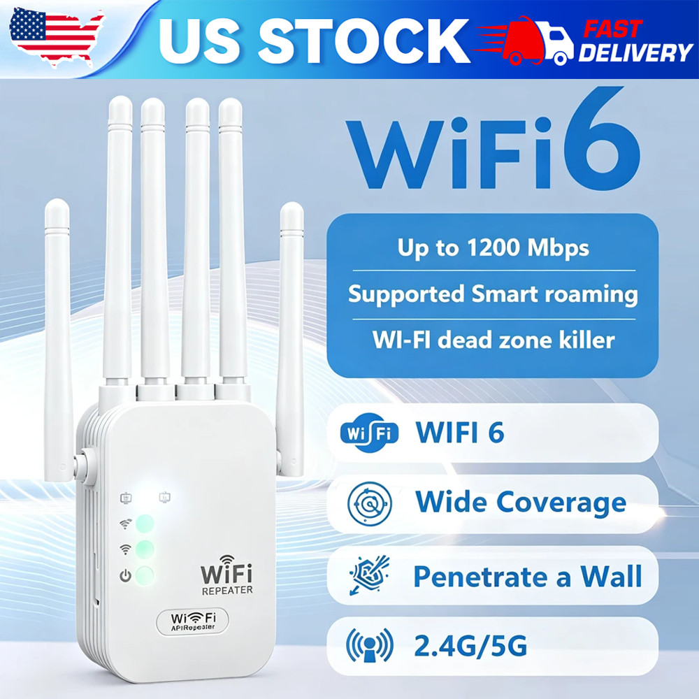WiFi Extender 6-Antenna Strong Signal, 1200Mbps Dual Band (5GHz/2.4GHz) Booster