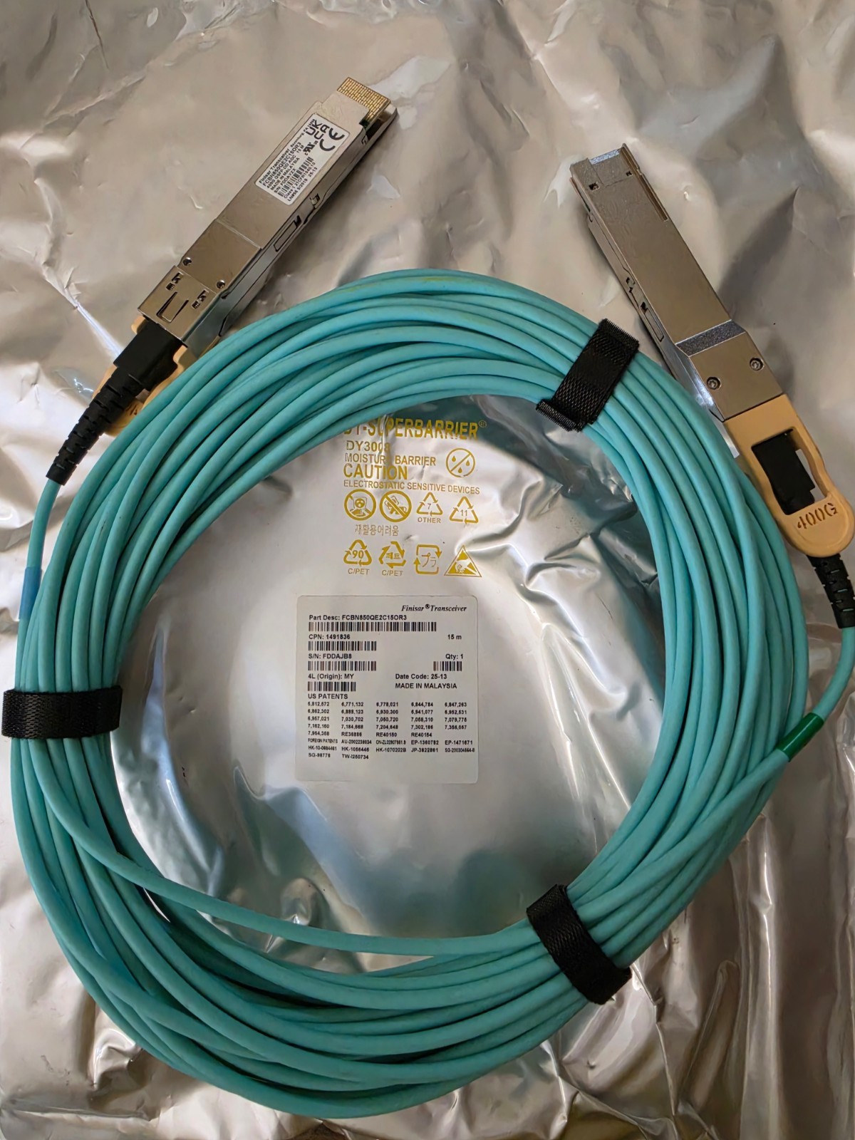 Finisar Active Optical Transceiver Module Cable 400G 15m 49ft AOC QSFP-DD 400GBE