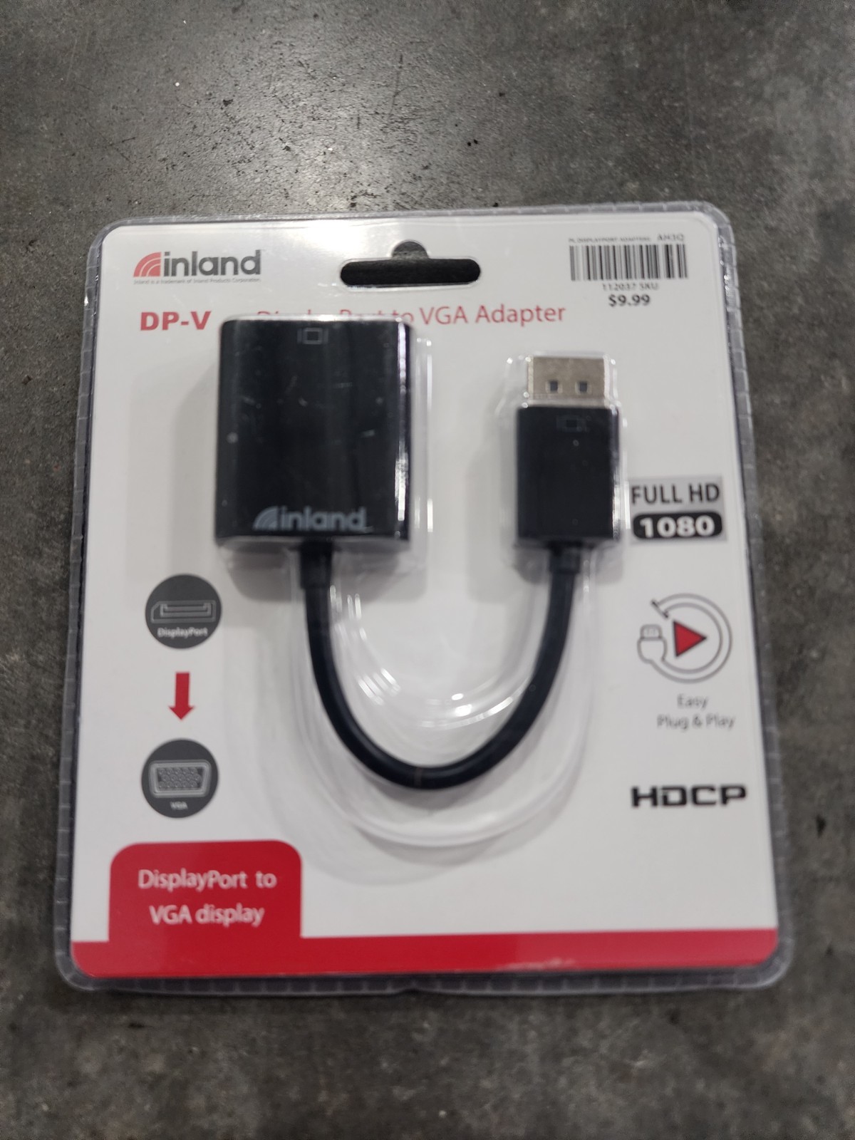 inland DP-V DisplayPort to VGA Adapter Plug & Play HDCP Full HD 1080 Black