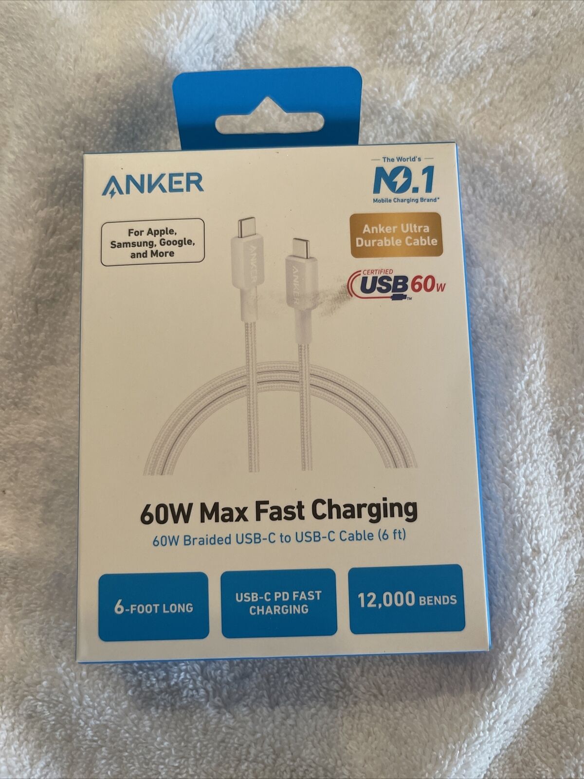 Anker 6' 60W Braided USB-C to USB-C Max Fast Charging Cable - White