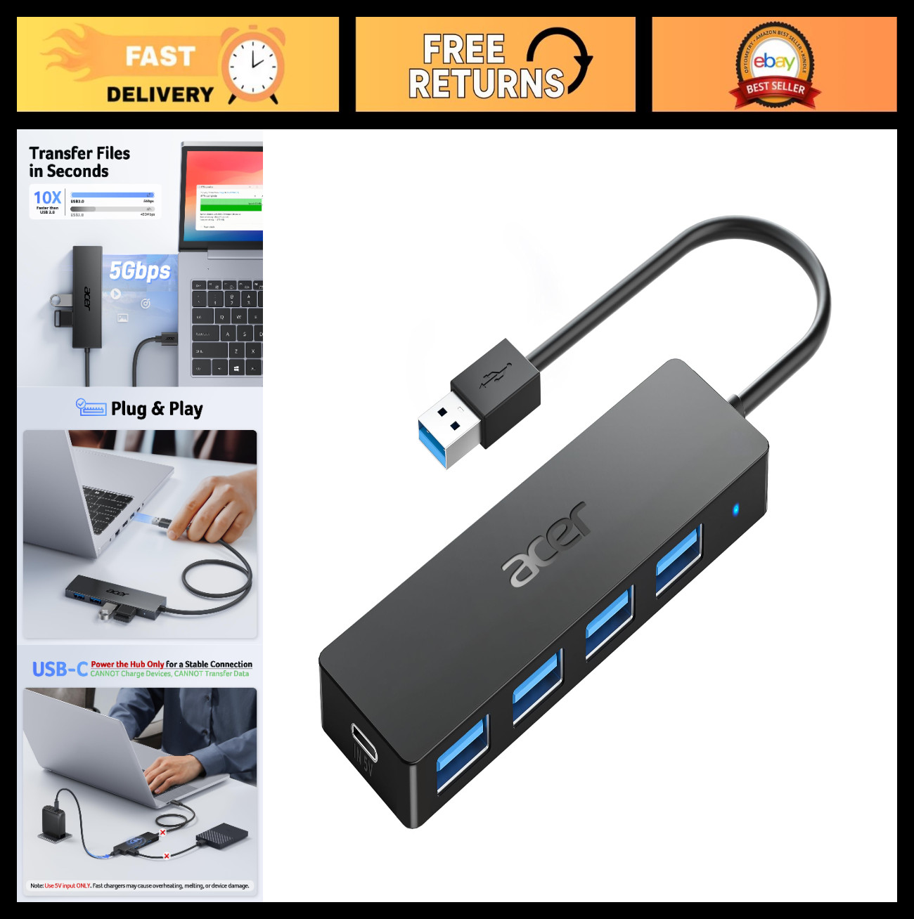 4-Port USB Hub, USB 3.0 Splitter for Laptop, Compact Multi-Device Adapter 0.7FT