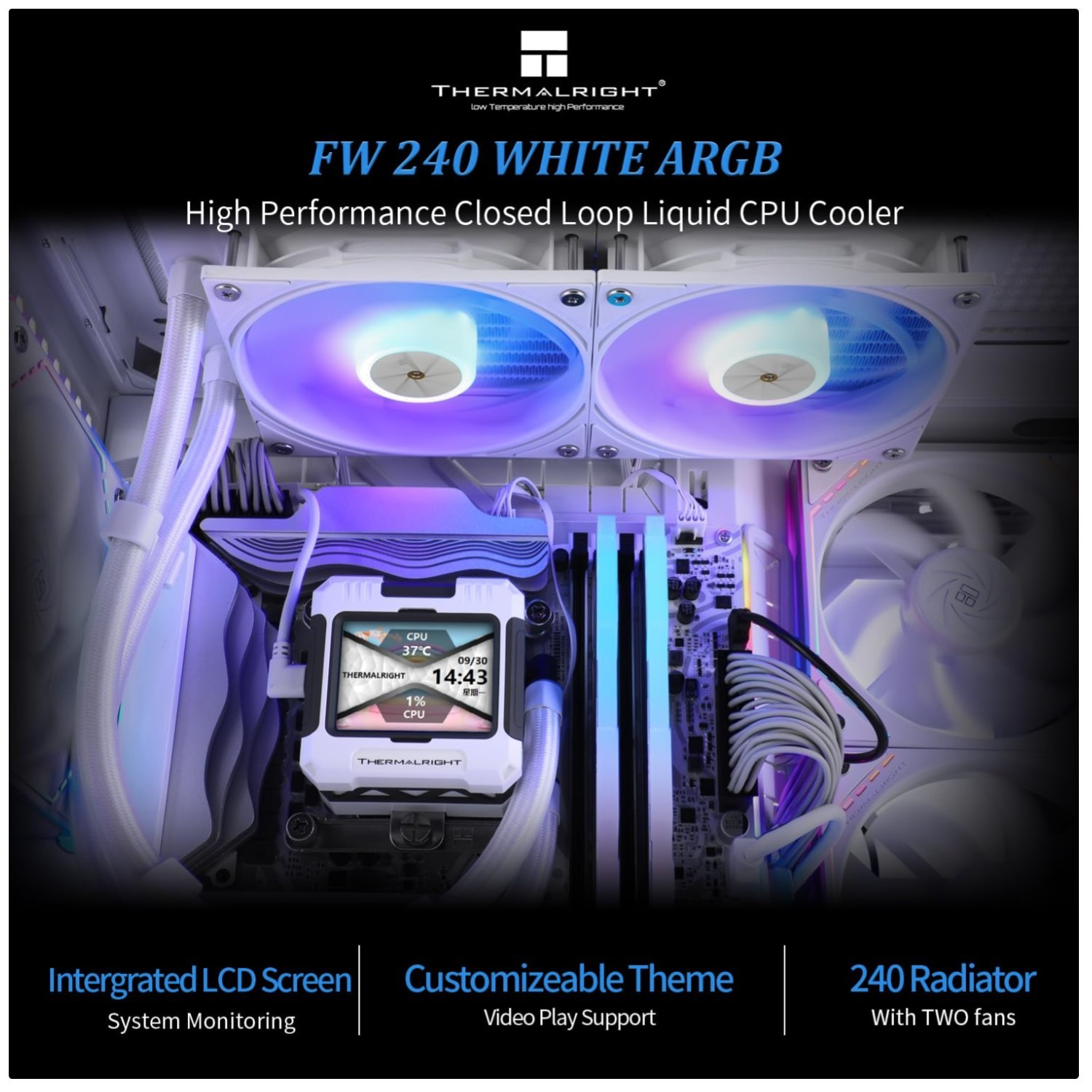 White ARGB Liquid CPU Cooler with LCD Screen