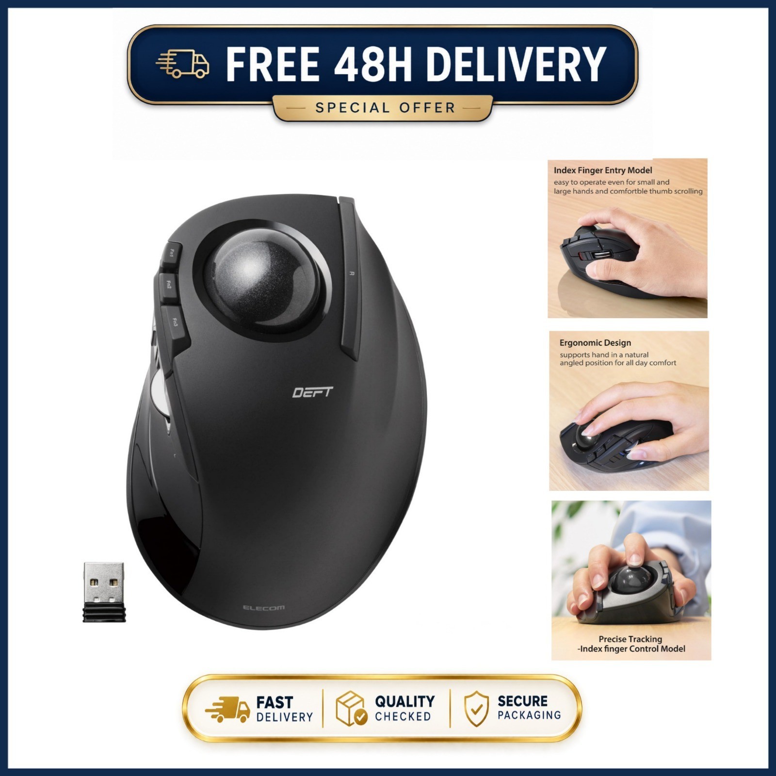 ELECOM DEFT Wireless Trackball Mouse 8-Button Ergonomic M-DT2DRBK