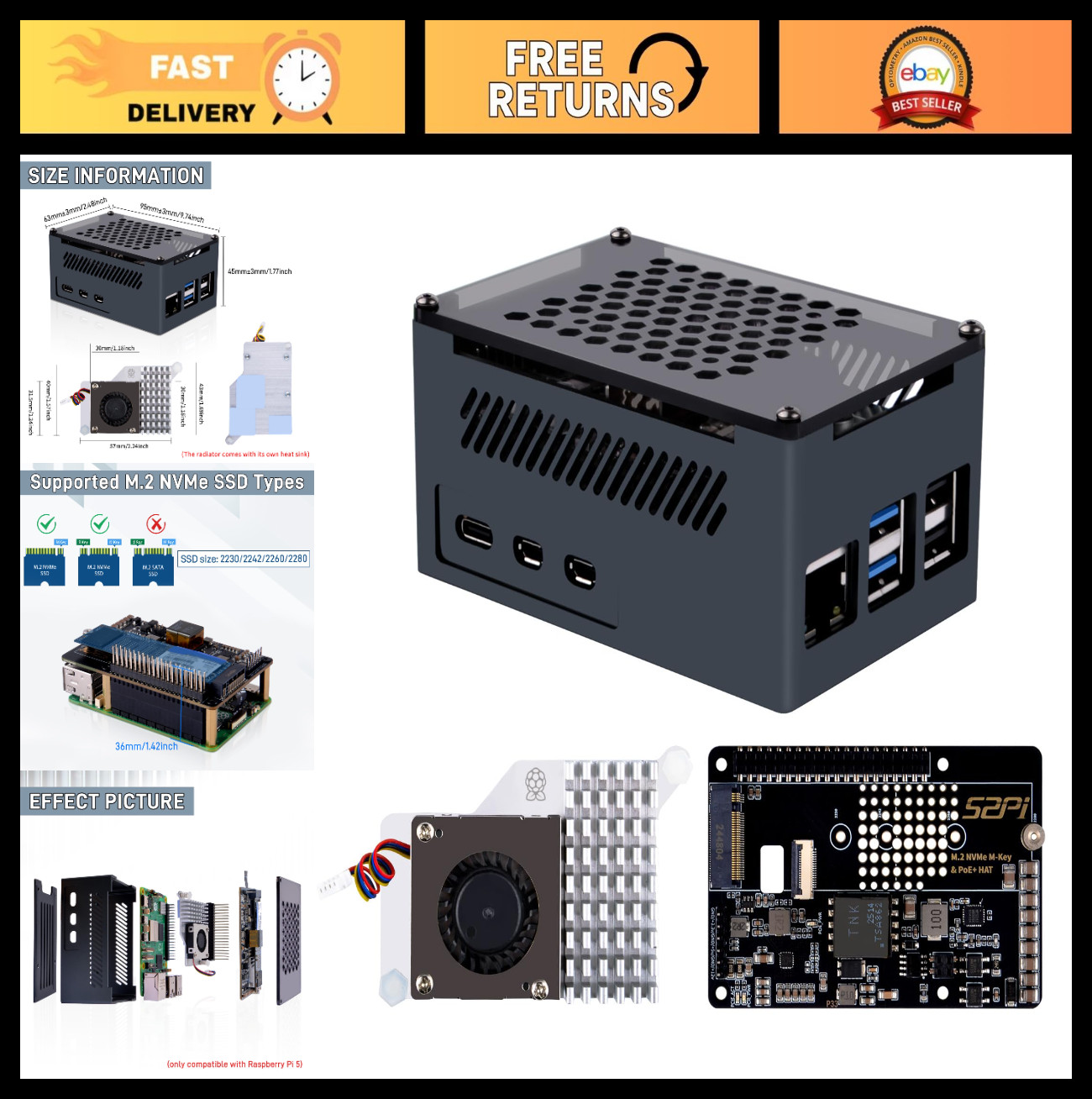 M.2 NVMe M-Key PoE+ Hat for Raspberry Pi 5 with Active Cooler & Aluminum Case -