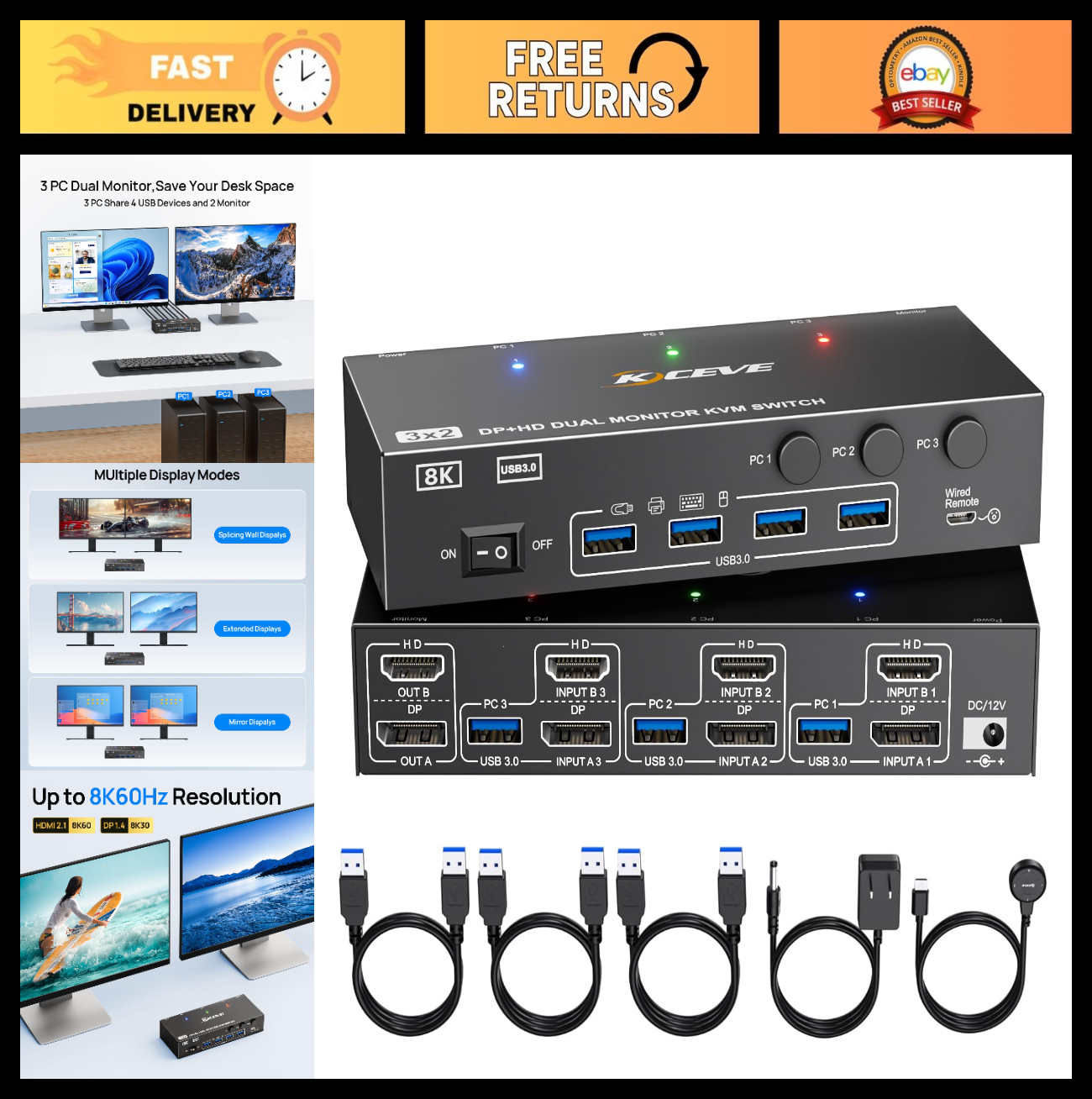 Dual Monitor KVM Switch for 3 PCs, HDMI & DisplayPort, 8K@30Hz/4K@144Hz, USB 3.0