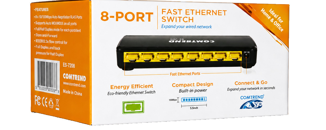 COMTREND ES-7208 8-Port 10/100 Fast Ethernet Network Switch P/N 301132-002 NEW