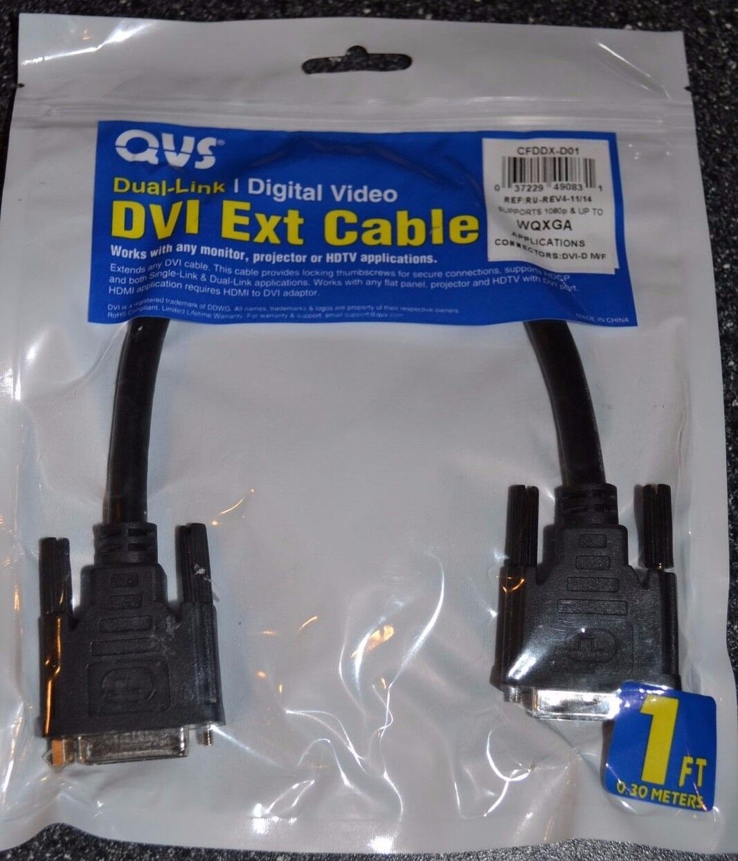DVI EXT Cable QVS Dual Link Digital Video Male to Female 1 ft dvi-d m/f black 