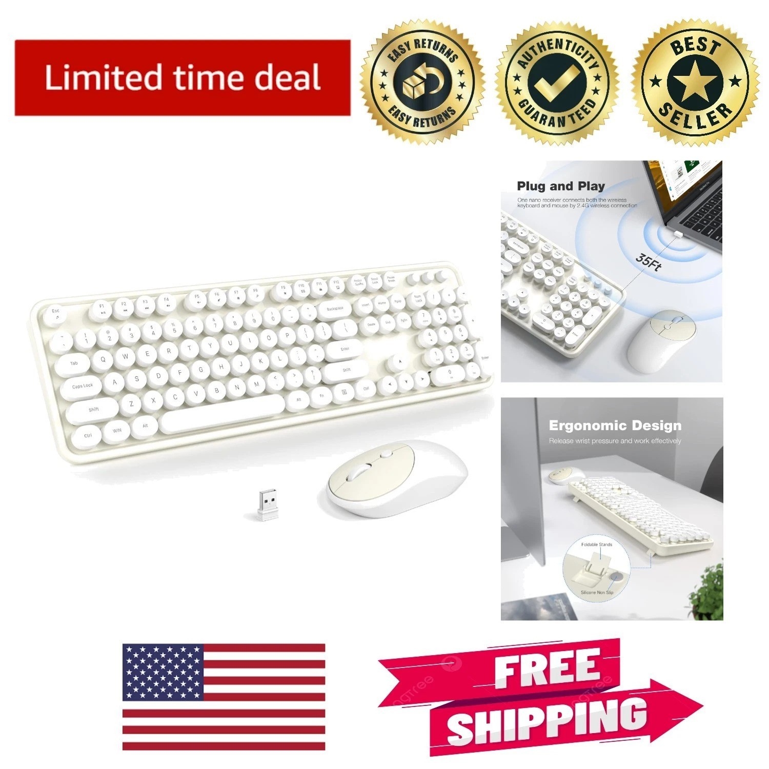Stylish Wireless Keyboard and Mouse Set with Detachable Keycaps - White-Milky