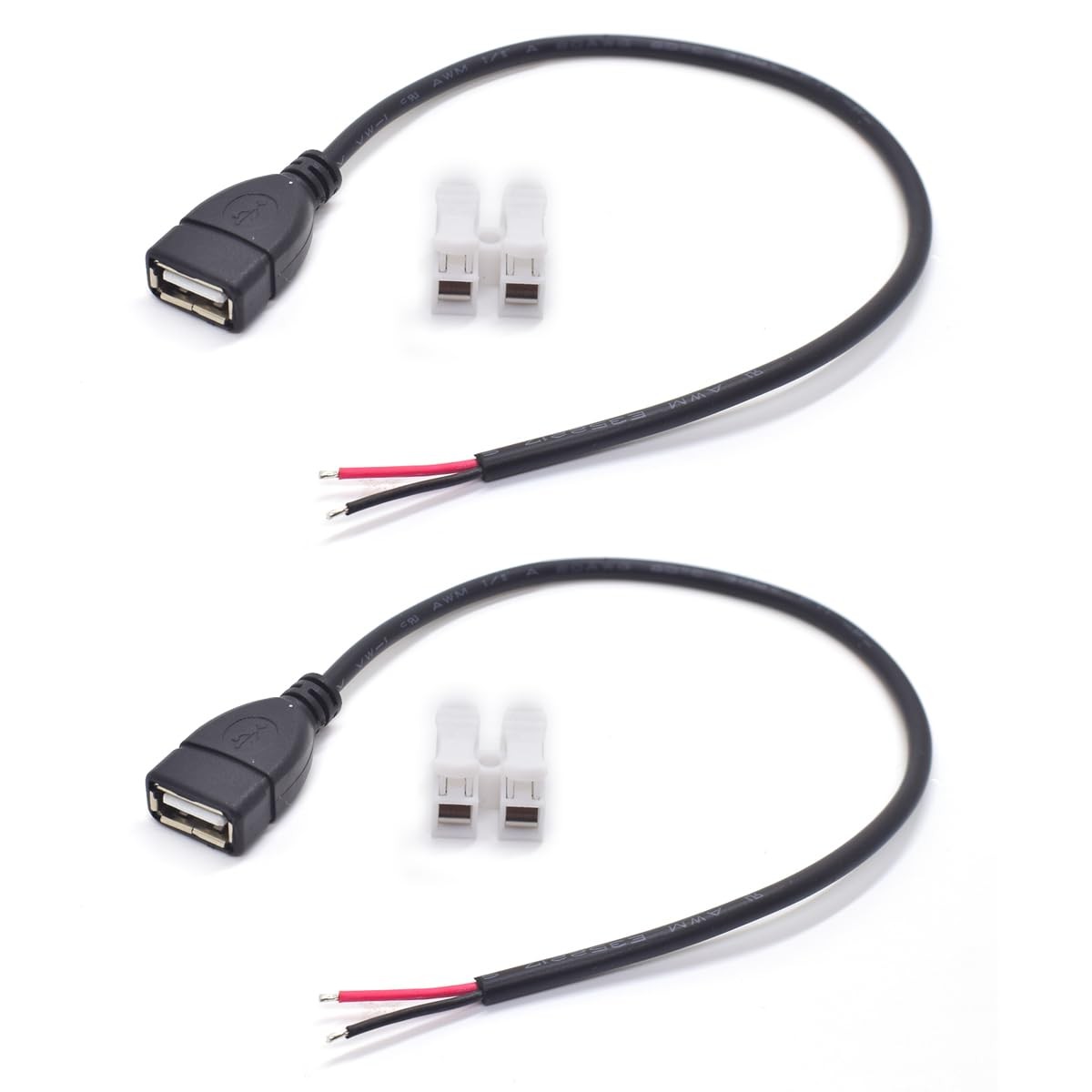 ELNONE 2PCS 0.3M/1FT USB 2.0 Female Pigtail 2 Wire 20AWG DC 1 feet, Black