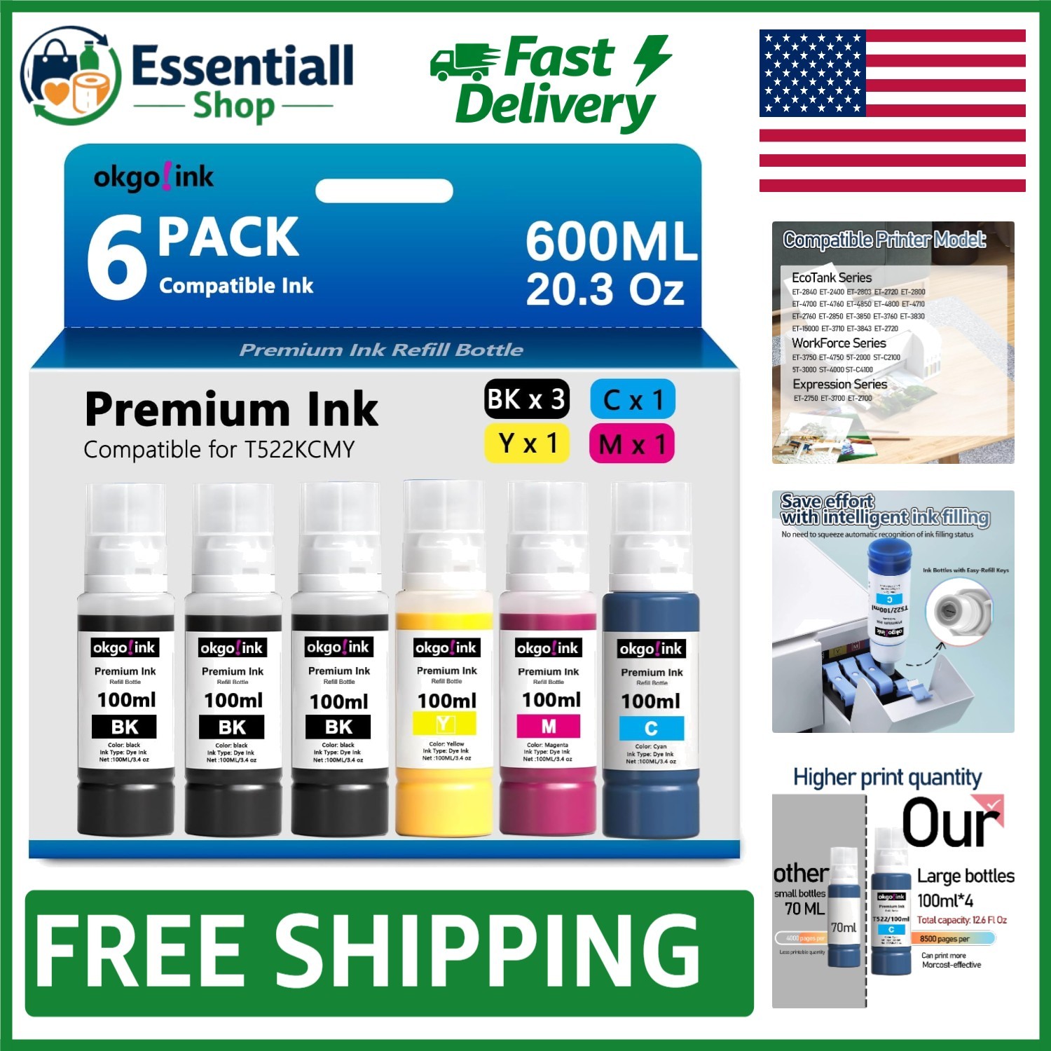 High Yield T522 Epson Ink Refill Bottles - 6 Pack 600ml for Vibrant Prints