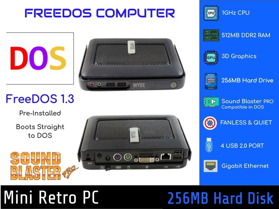 FreeDOS Retro Gaming PC, 1GHz CPU, 256MB Hard Drive, Sound Blaster, DOS Mini PC