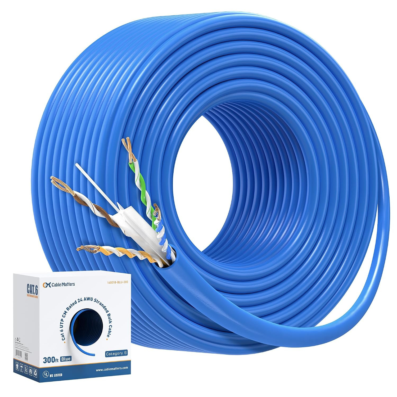 [UL Listed] 10Gbps 24AWG Stranded Cat 6 Cable, 300Ft, Blue | In-Wall CM Rated, B