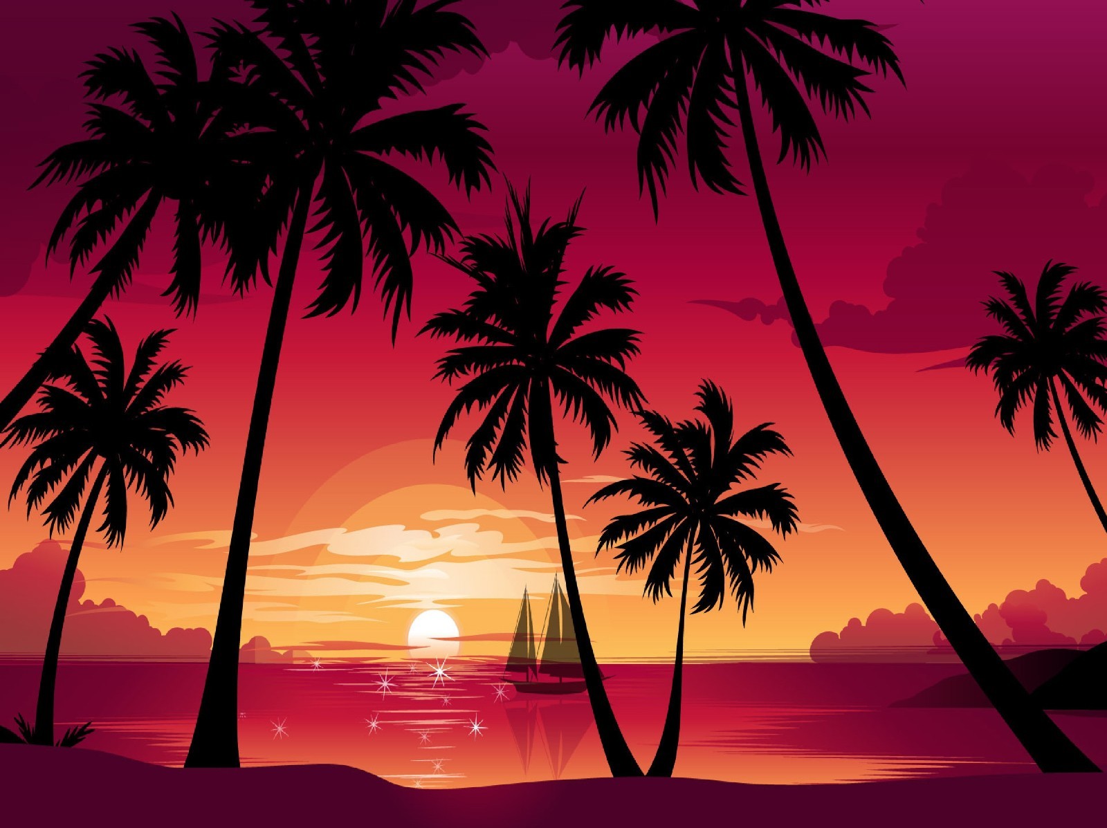 TROPICAL PALM TREE SUNSET PARADISE  SILHOUETTE BOAT  COMPUTER MOUSE PAD 9 X 7 