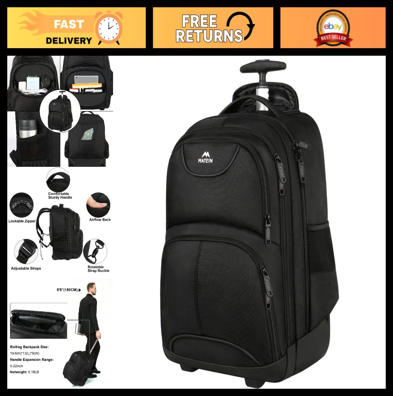 Water Resistant 17" Rolling Laptop Backpack, Large Capacity Wheeled Travel Bag,