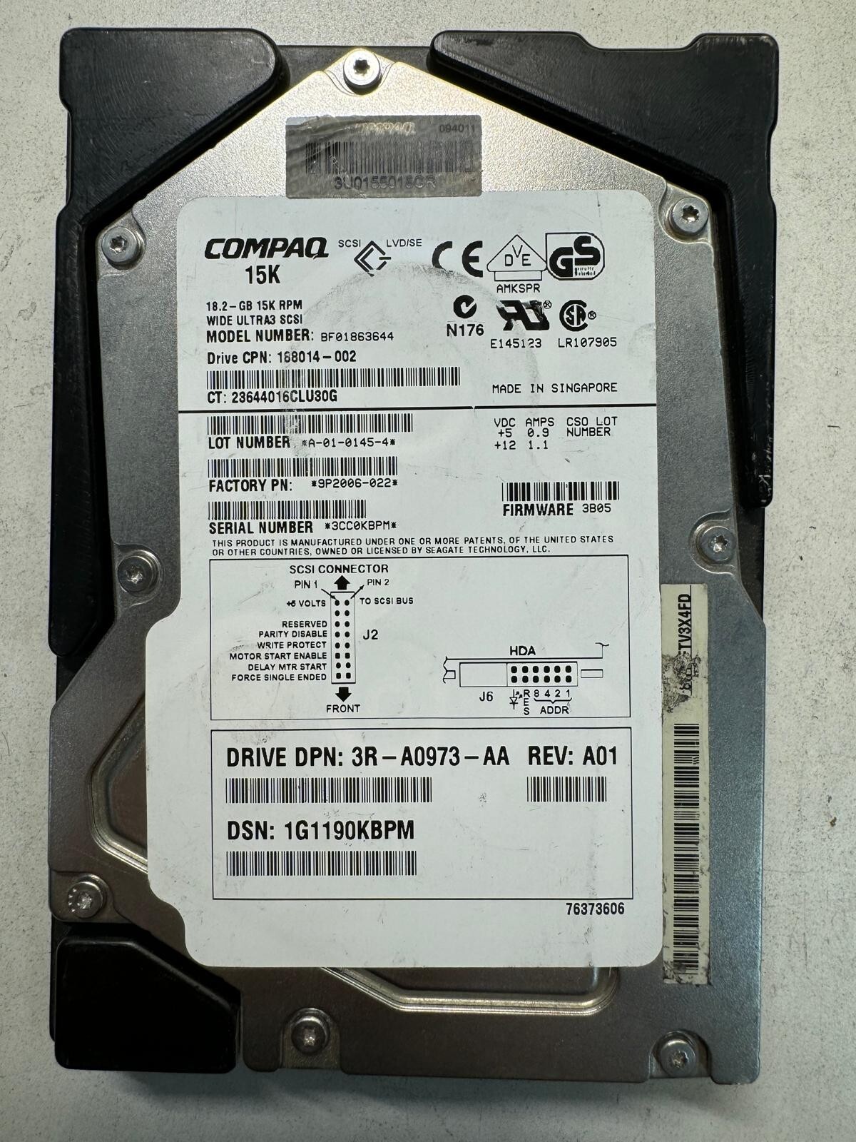 HP 188014-022 BF01863644 9P2006-022 18.2GB 15K RPM 4MB Ultra-160 SCSI 3.5"