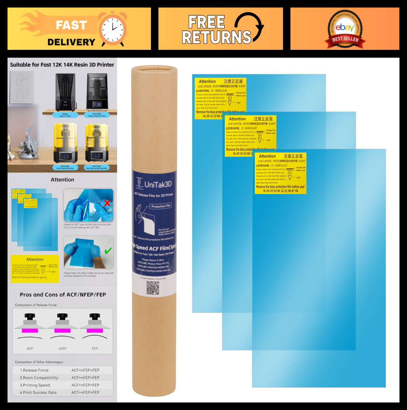 10.1 Inch Fast FEP Film for High Speed 3D Printing - 3Pcs ACF Release Film, Fits