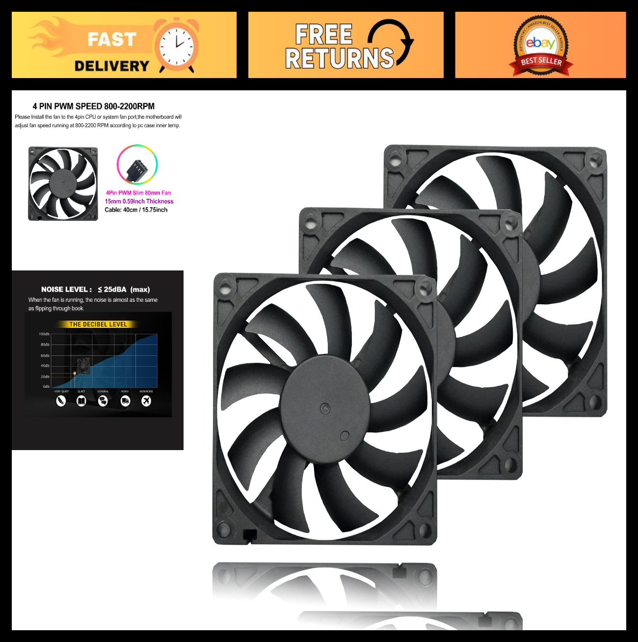 Ultra Slim 80mm Case Fan 4-Pin PWM 800-2200RPM - Quiet PC Cooling Fans 3 Pack
