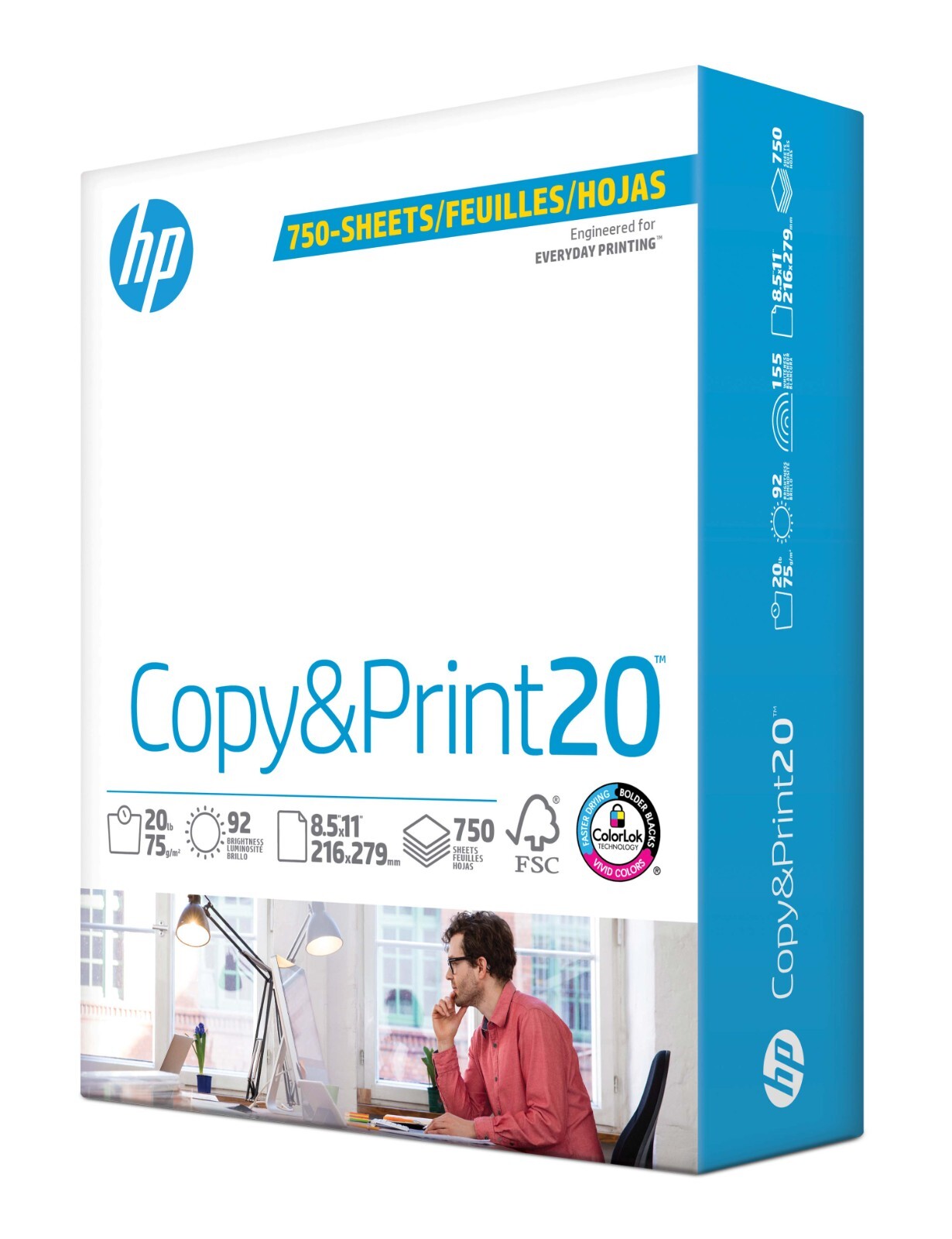 HP Office20 Printer Paper White Copy Print Letter Size 8.5"x11" Paper-750 Sheets