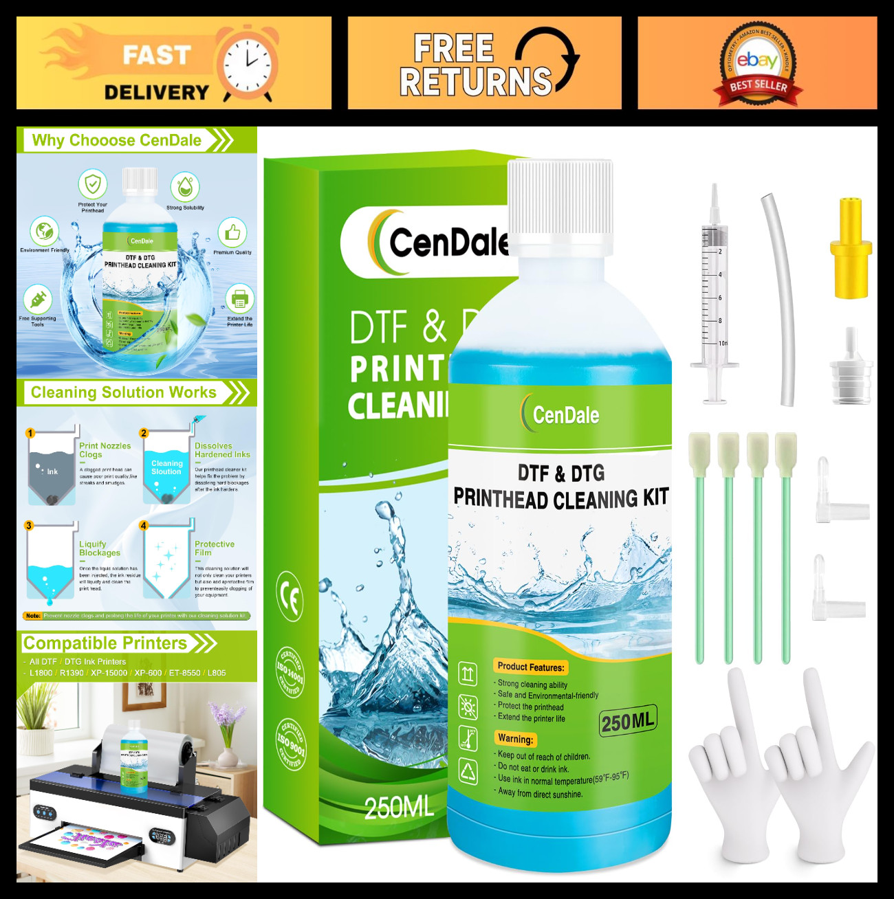 DTF Printer Cleaning Kit - 250ML Universal Print Head Cleaner for DTF/DTG Printe