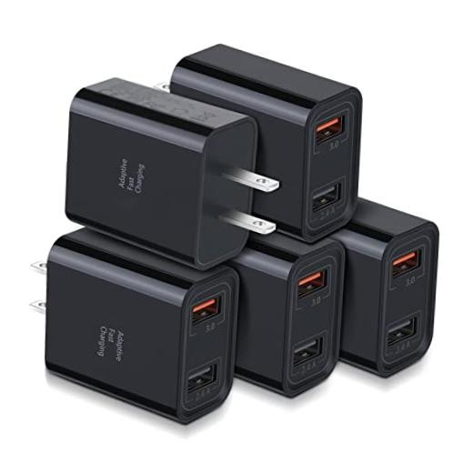 Quick Fast Charge 3.0 USB Wall Charger, 5 Pack 30W Dual USB Power Adapter Black