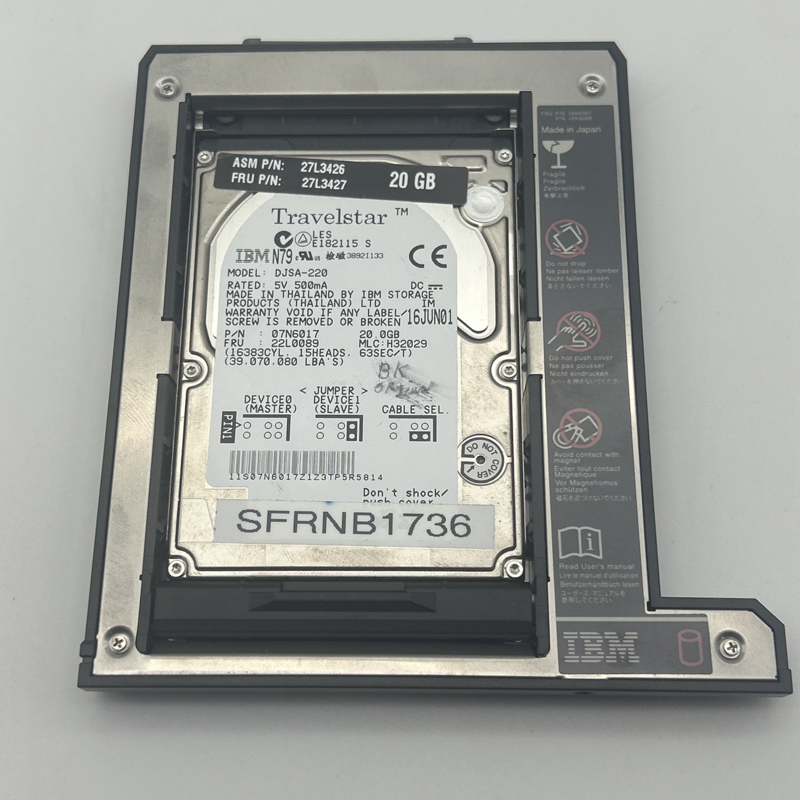 IBM Thinkpad Slim HDD Adapter With 20gb Hard Drive FRU 08K6067 08K6066 DJSA-220