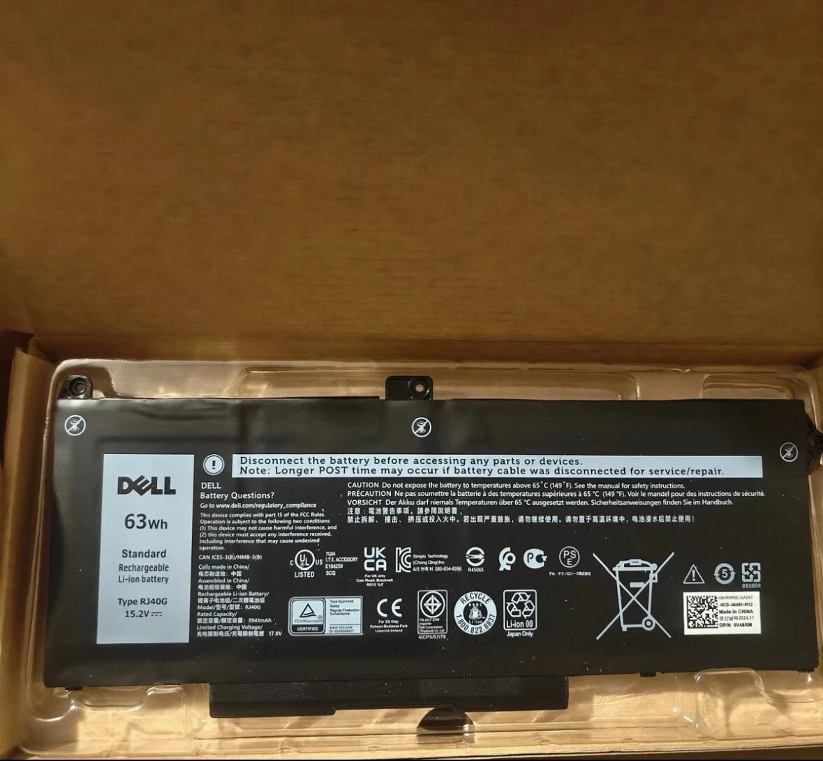 New Genuine RJ40G 63Wh M033W Battery For Dell Latitude 5420 5520 Precision 3560