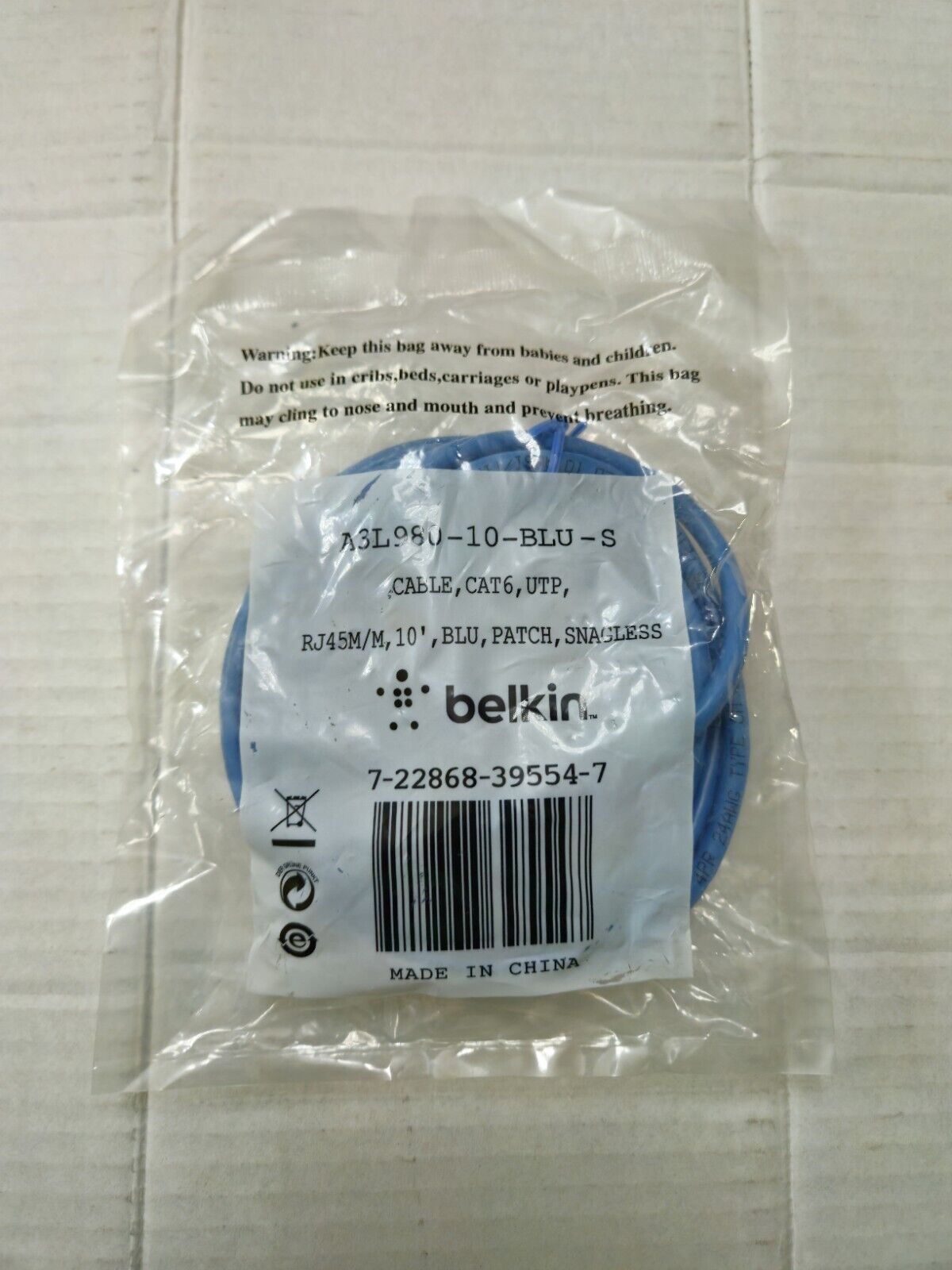 Belkin Cat6 Patch (Ethernet) Cable 10' Snagless A2L980-10-BLU *NEW*