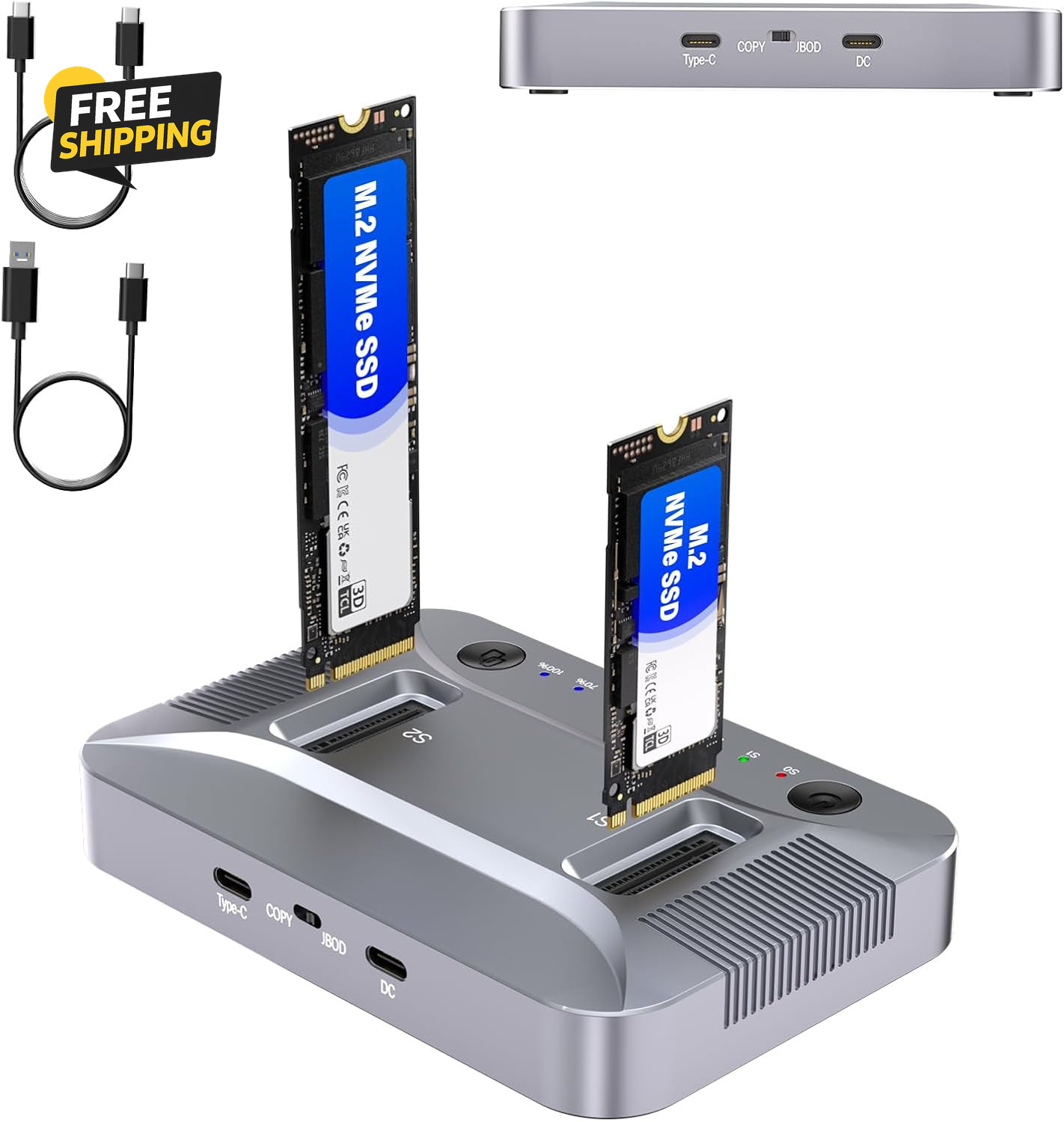 M.2 NVMe SATA SSD Cloner 10Gbps USB C Dual Bay Dock Tool Free 16TB Support