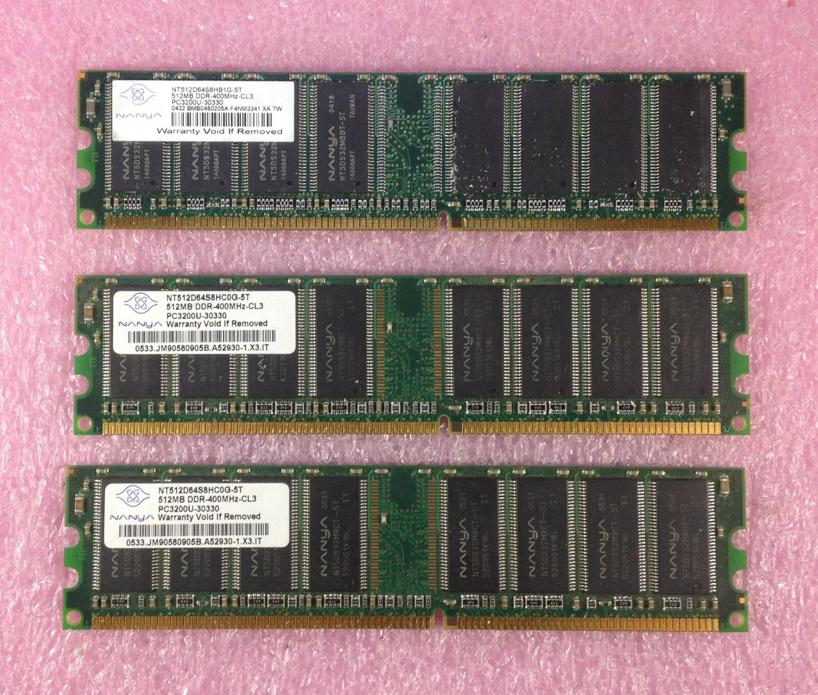 3 X 512MB NANYA DDR400 PC3200U NON-ECC MEMORY PC3200U-30330 - 1.5GB TOTAL