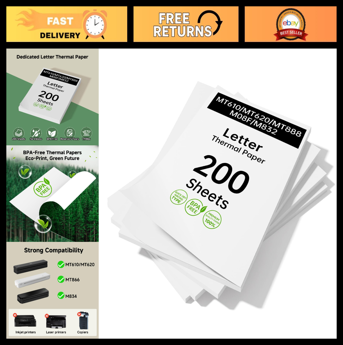 Portable Thermal Printer Paper - 200 Sheets, US Letter 8.5"x11", High Quality