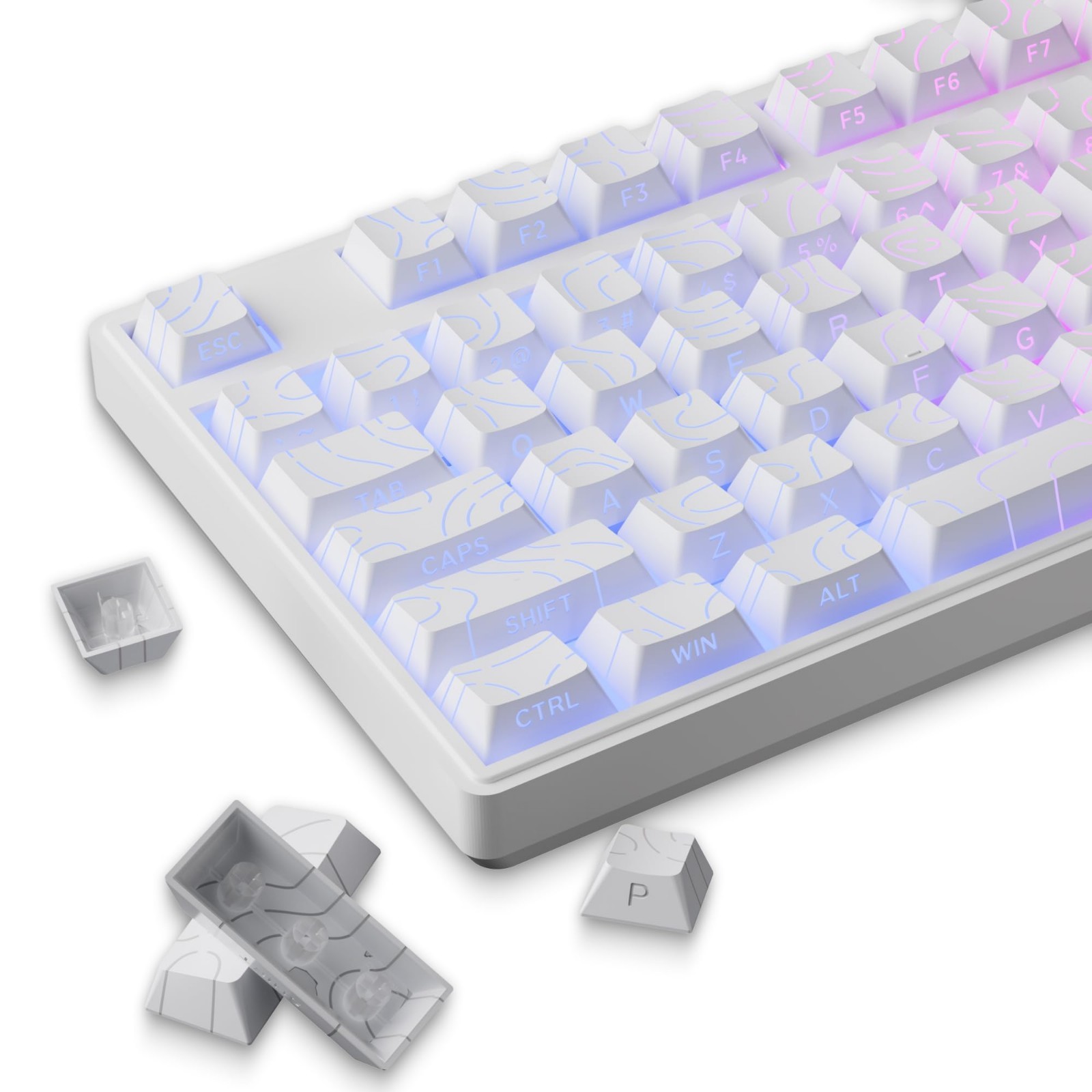 97 PCS White Topographic PBT Keycaps Side Printed RGB Backlit Cherry MX