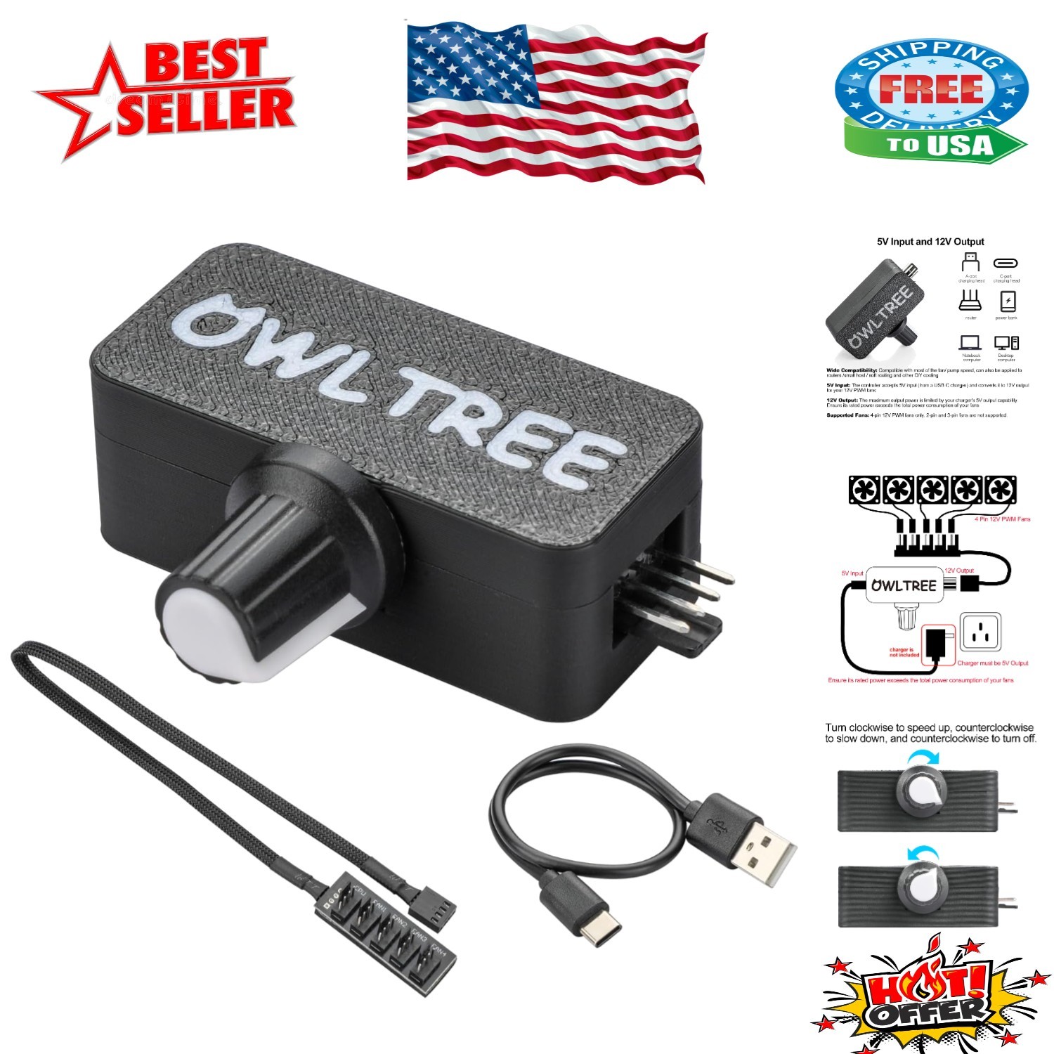 Versatile 4Pin PWM Fan Splitter Hub with Type C USB Power - Optimize Cooling