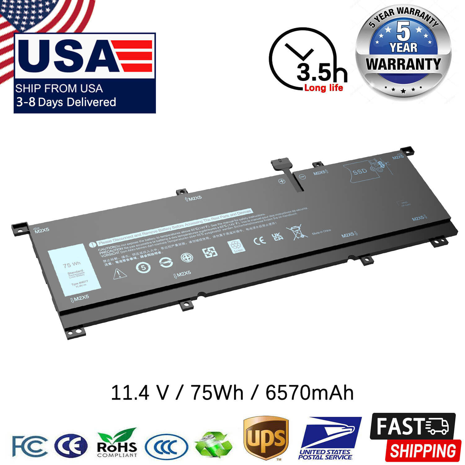 8N0T7 Laptop Battery for Dell XPS 15 9575 P73F001 Series Notebook 0TMFYT 75Whr