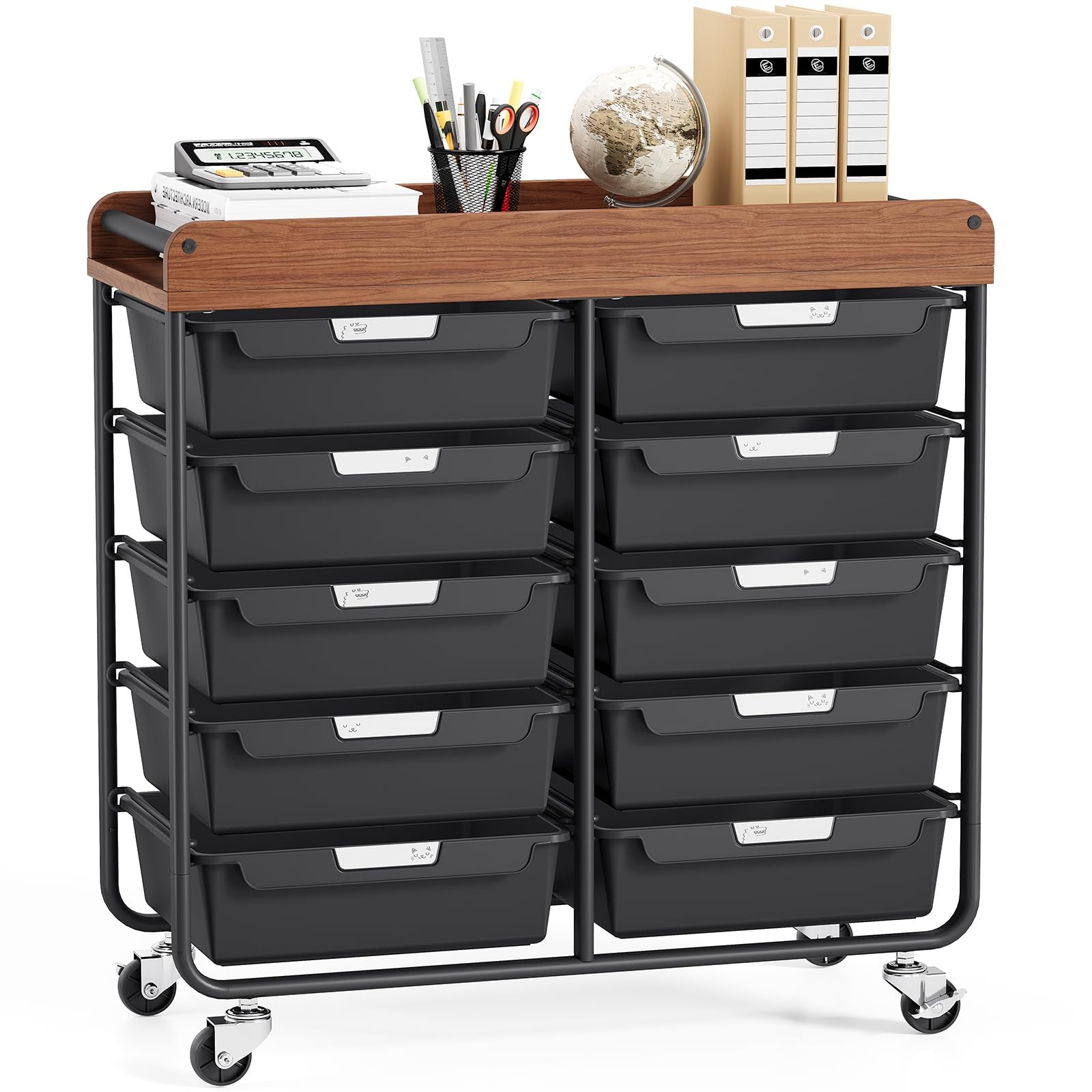 Rolling Cart 10 Drawers Wooden Tabletop Metal Frame Wheels Black Utility Storage
