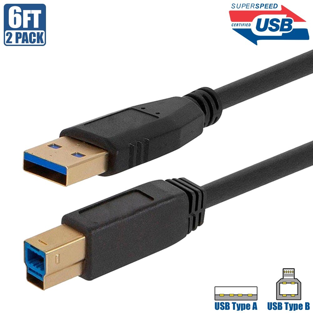 2x 6FT USB-A 3.0 Male to Type B Male SuperSpeed Data Cable For Printer Scanner