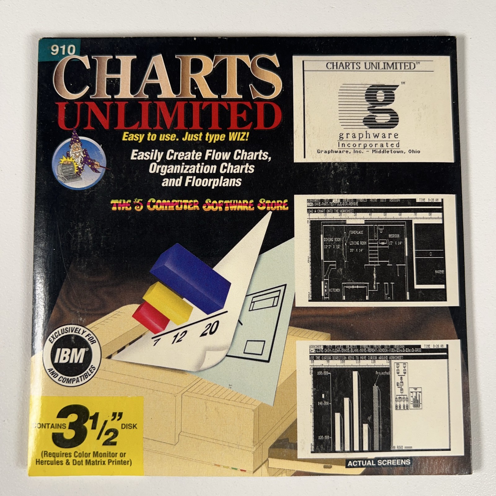 Vintage 1994 Charts Unlimited PC Software IBM 3.5" Disk Wiz Technology