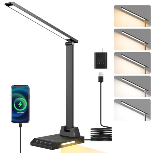  LED Desk Lamp for Home Office, Dimmable Desk Light with USB C Charging, 25 