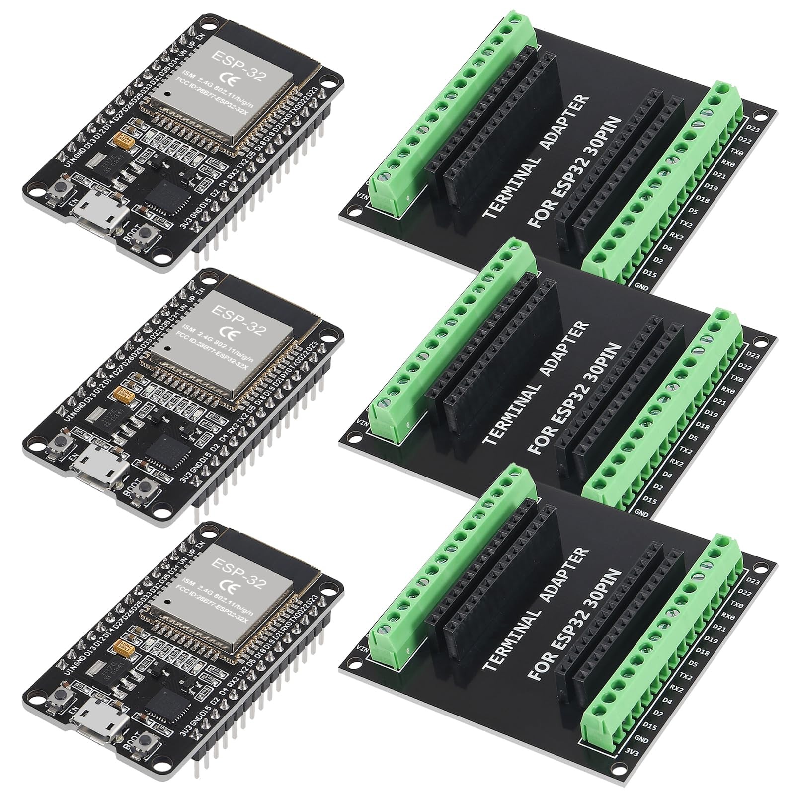 3 Sets ESP-WROOM-32 ESP32 ESP-32S 30 Pin Micro USB + 30pin breakout 