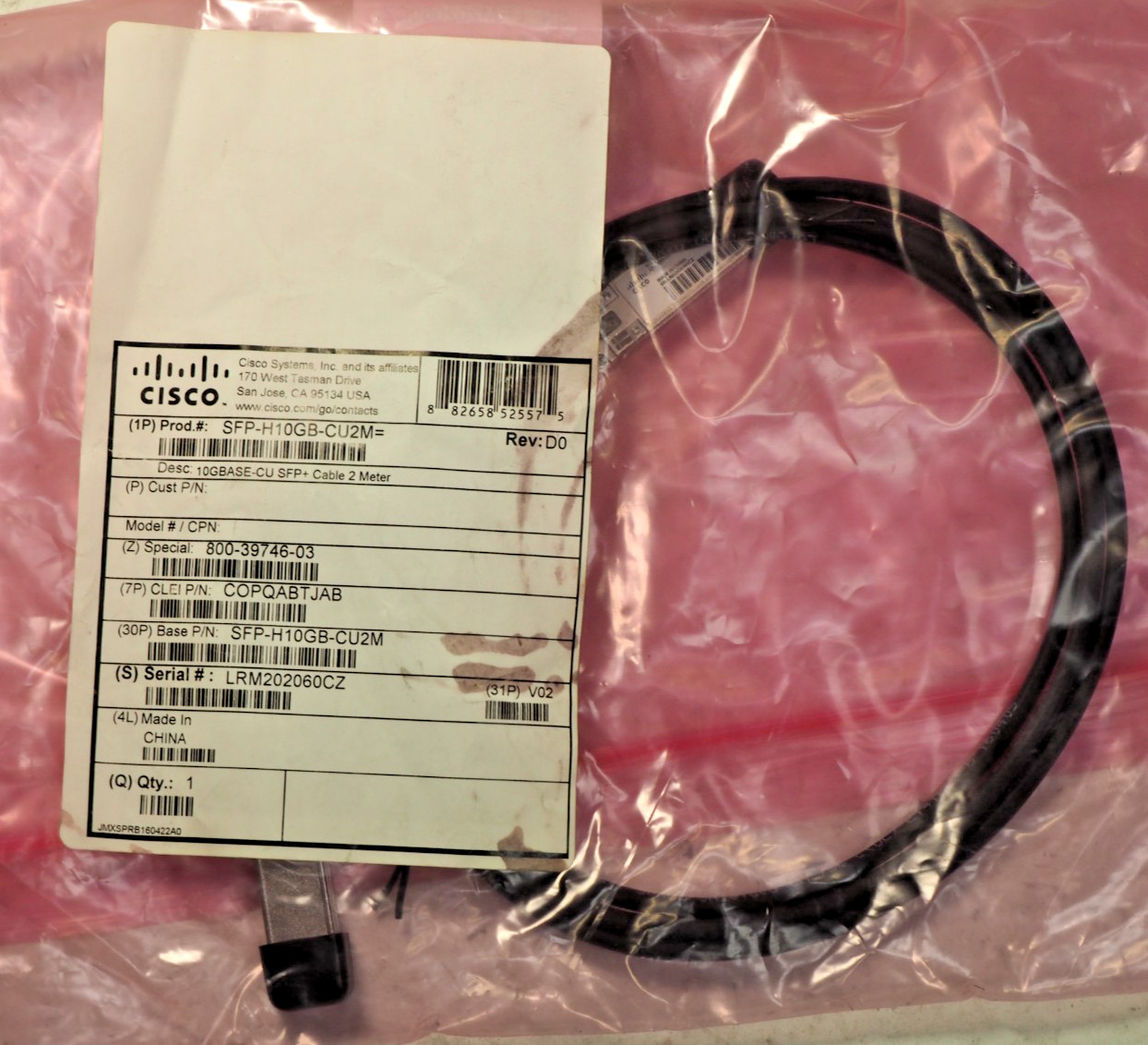Cisco SFP-H10GB-CU2M 37-1430-02 2 Meter SFP+ 10G Twinax Fibre Cable