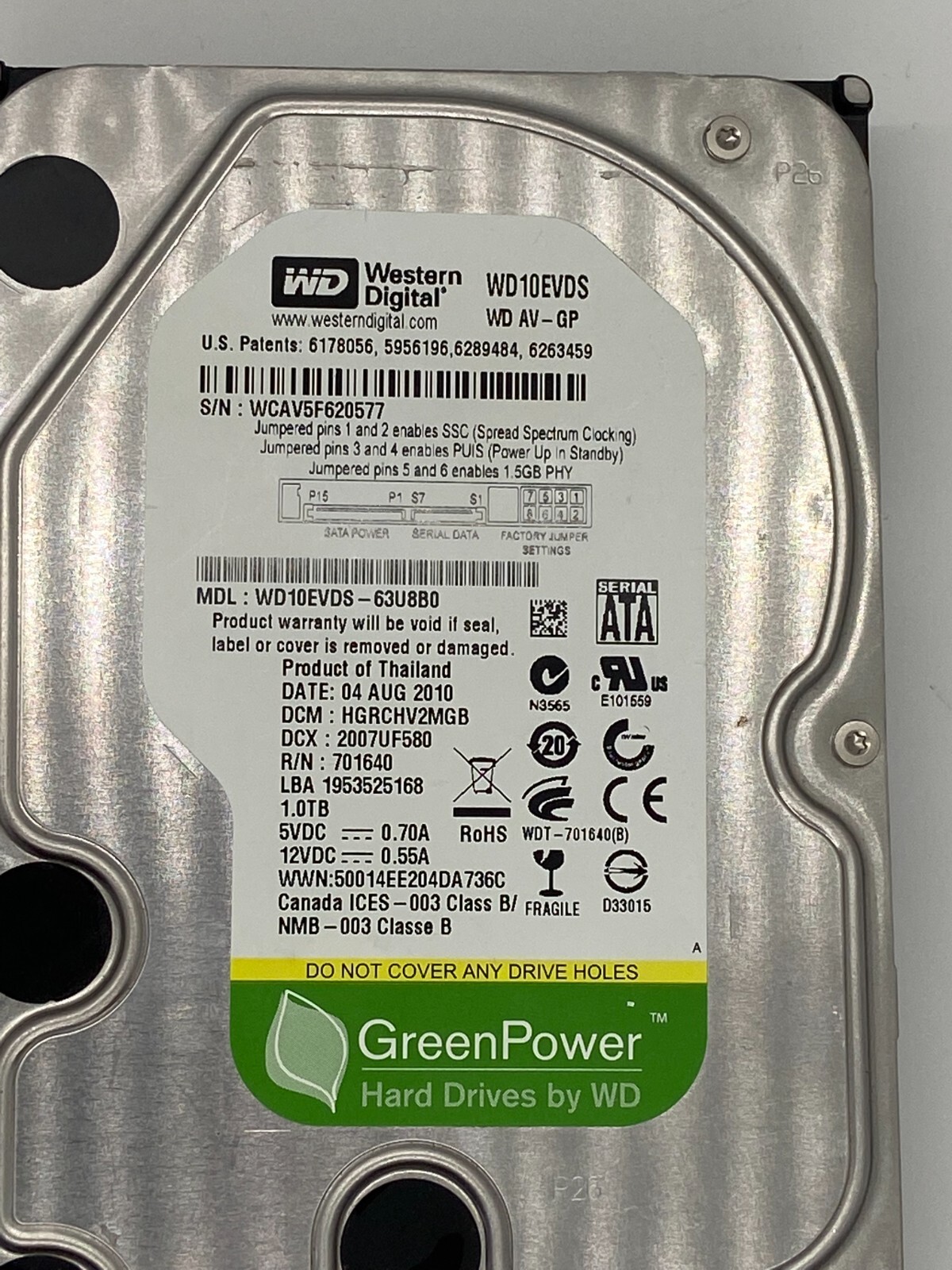 WESTERN DIGITAL WD GREEN POWER WD10EVDS 1TB 3.5" SATA HARD DISK AS-IS 