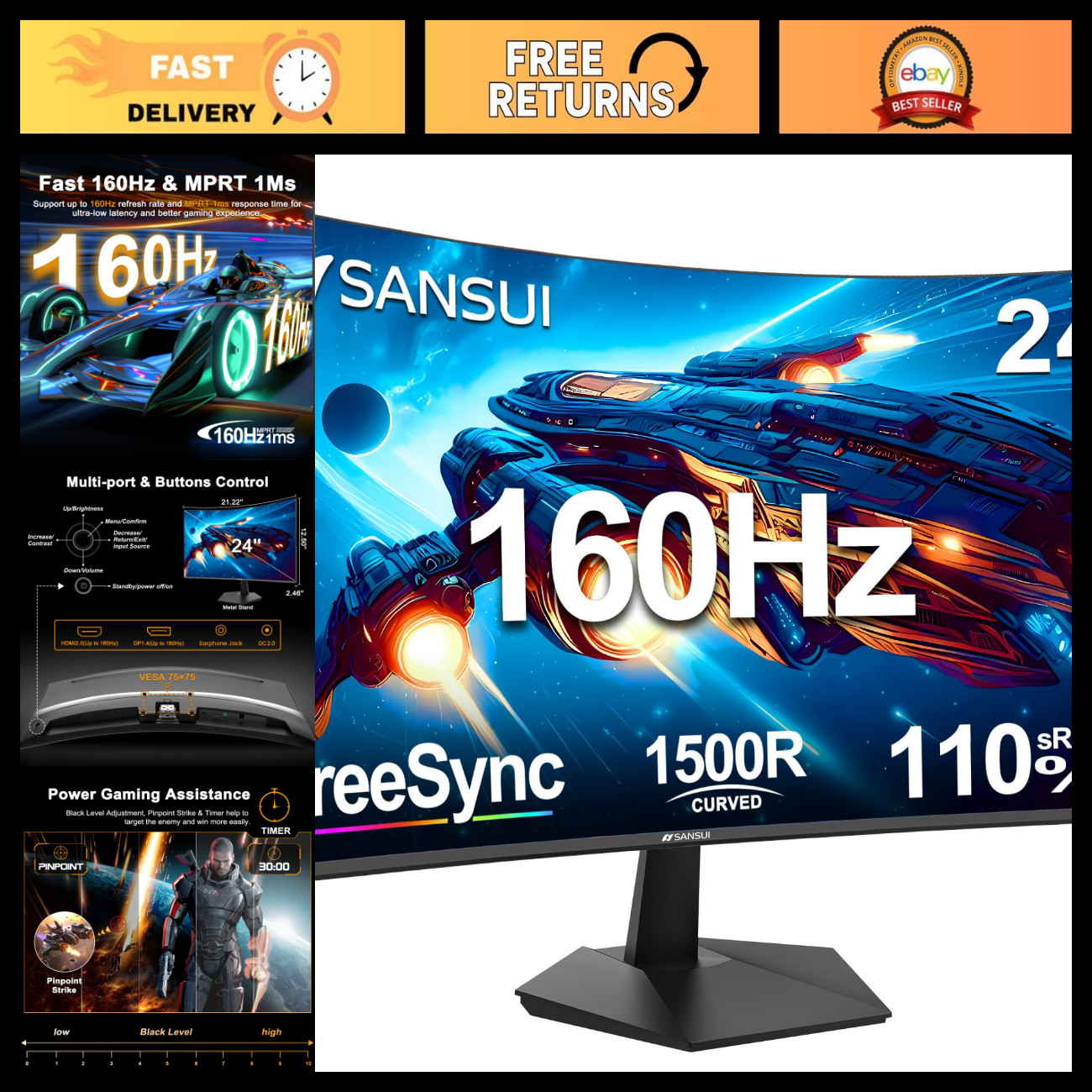 24" Curved Gaming Monitor - 160Hz Refresh Rate, 1ms Response Time, Full HD Displ